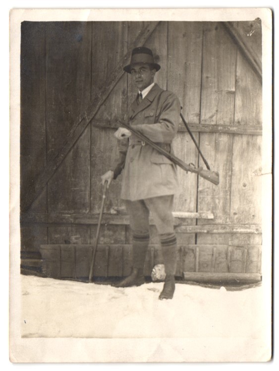 Photograph Hunter with Gun and Walking Stick in Snow