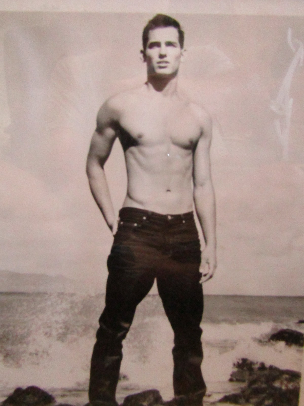 Vintage Gay Interest Real Photo- Framed Nude-Beefcake- Shirtless Man at Beach