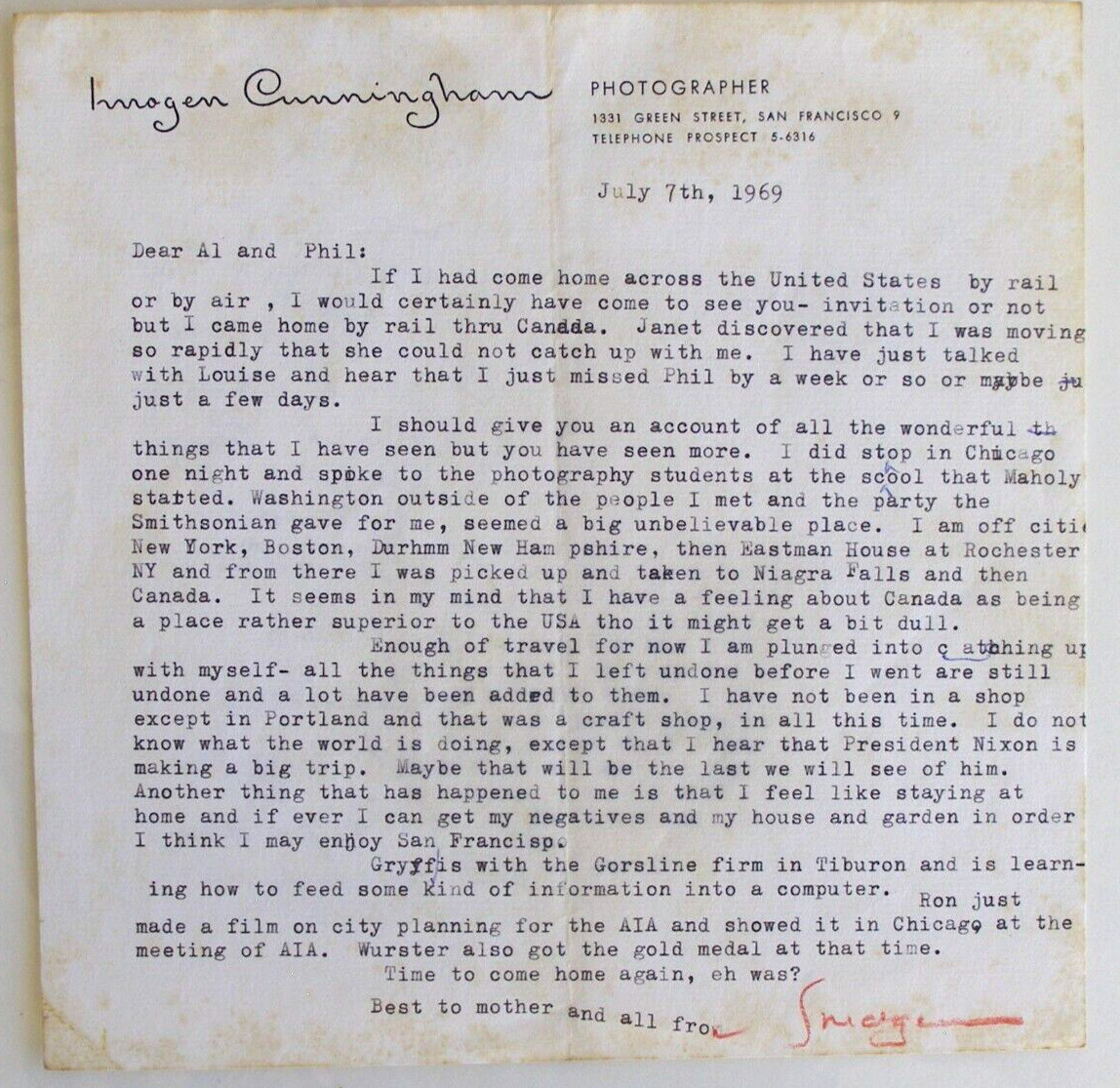 Typed Letter, July 7, 1969, by Photographer Imogen Cunningham on her Stationery