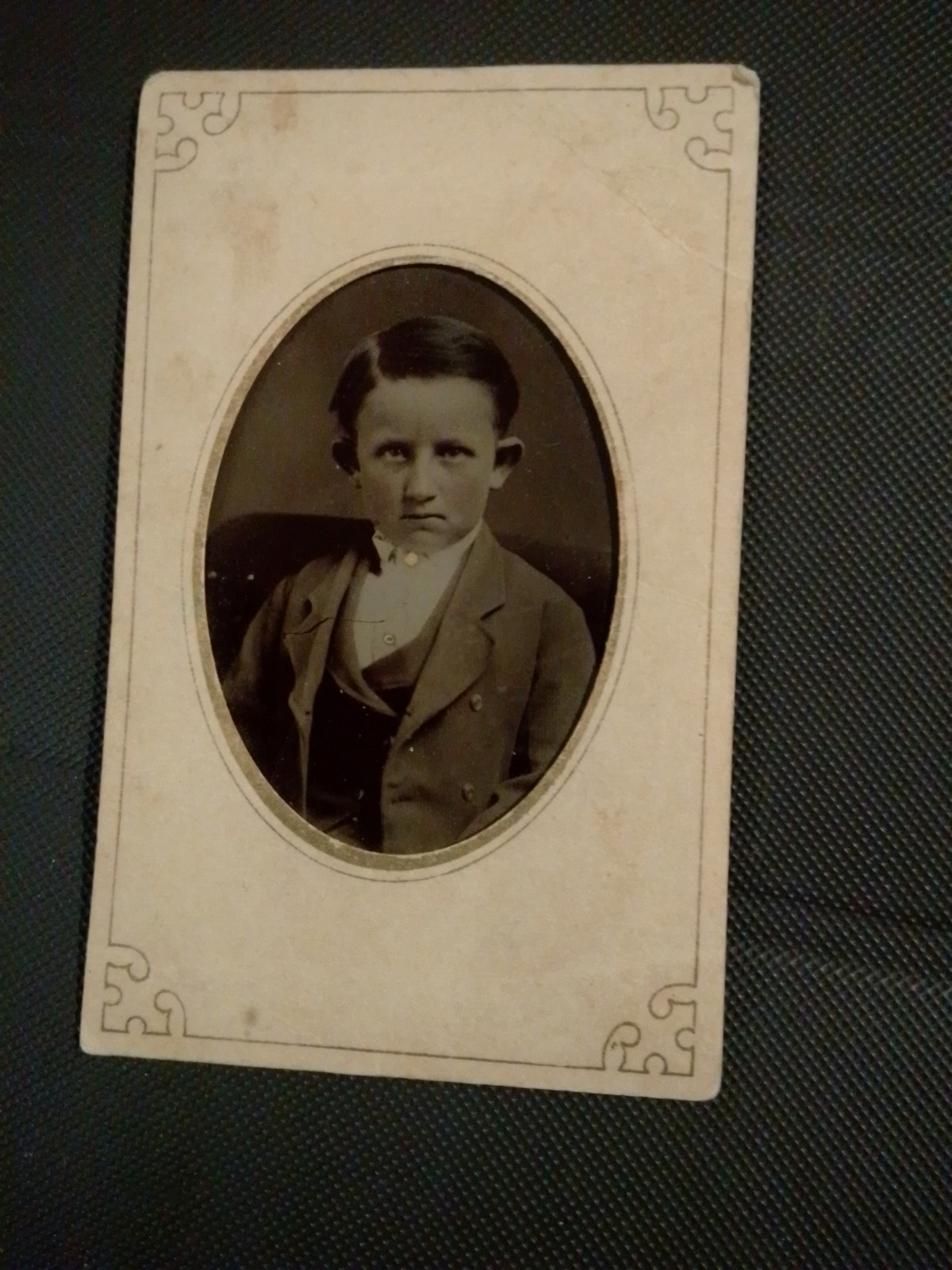 Antique 1870s Tin Type Photo Young Boy Child Big Ears Unique Stare Creepy Victo