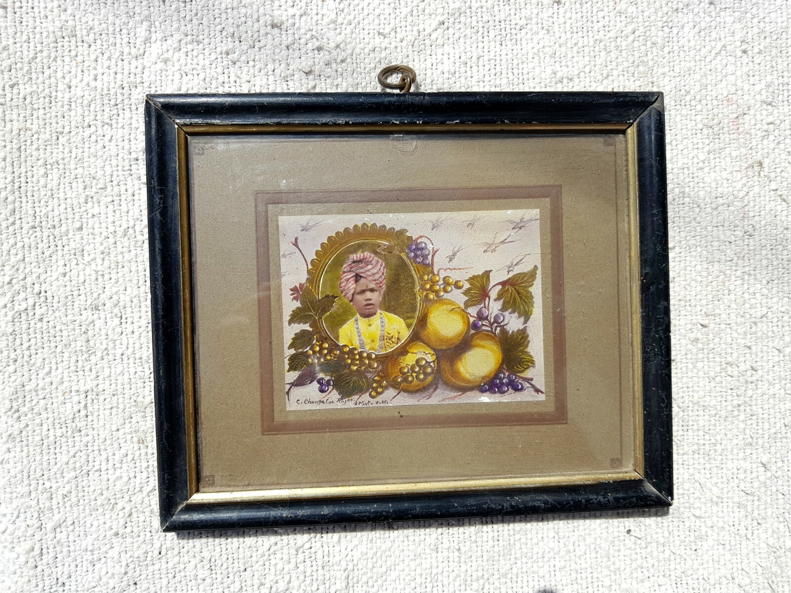 Vintage B&W Hand Colored Rich Man Child In Turban Fruits Camera Photograph PR97