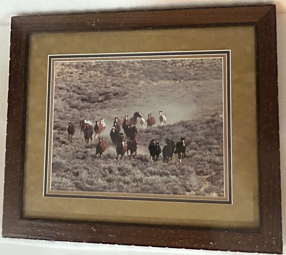 Wild West Horse Herd Art Photo Sepia Rustic Wood Frame Matted Hadley House 18×21