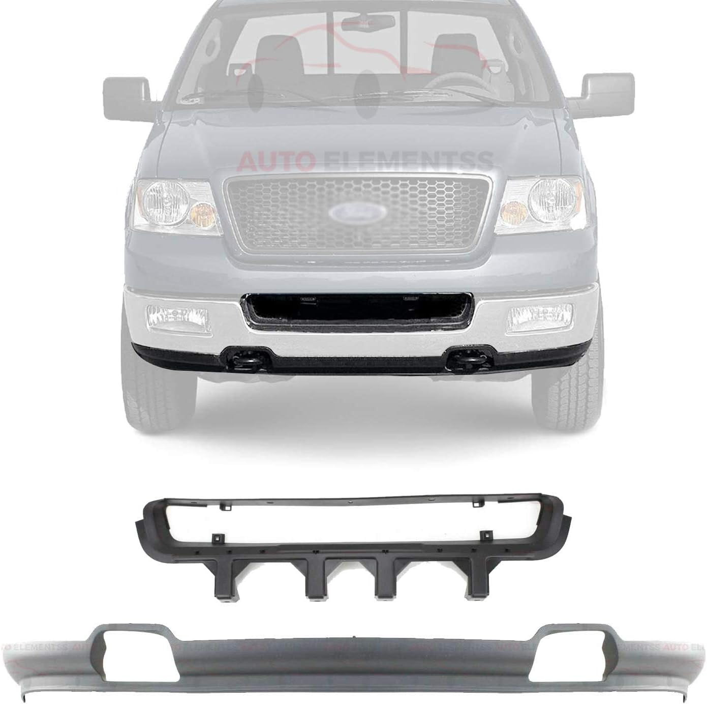 Front Bumper Lower Valance with Tow Hook Holes + Center Trim for 2004-2005 Ford