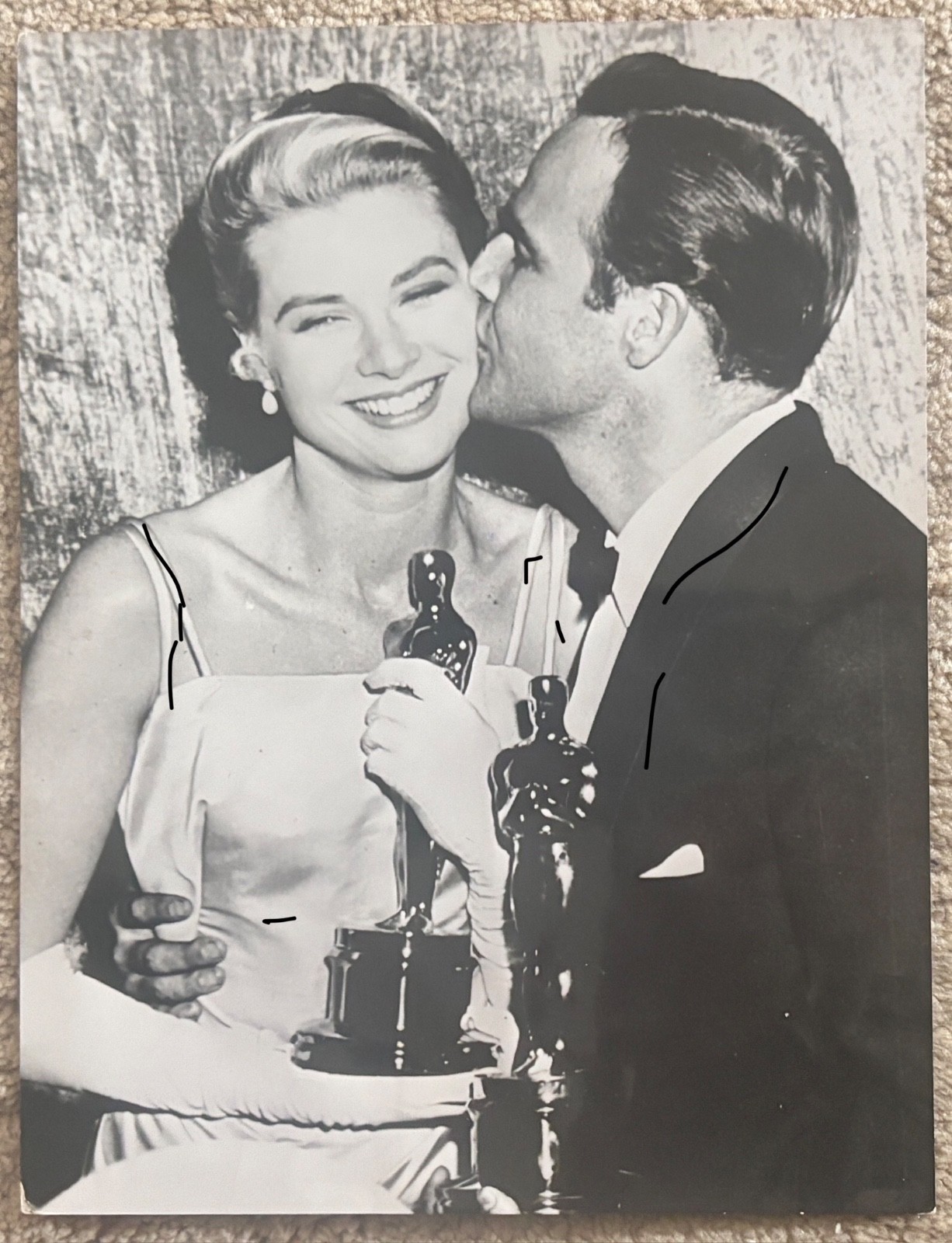 22x16cm Vintage Archive Photo 1954 Oscar Prize Grace Kelly + Marlon Brando Kiss