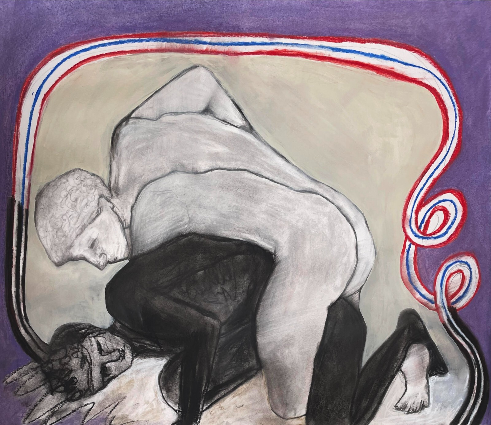 Original Drawing, pastel and charcoal on paper homoerotic wresters 