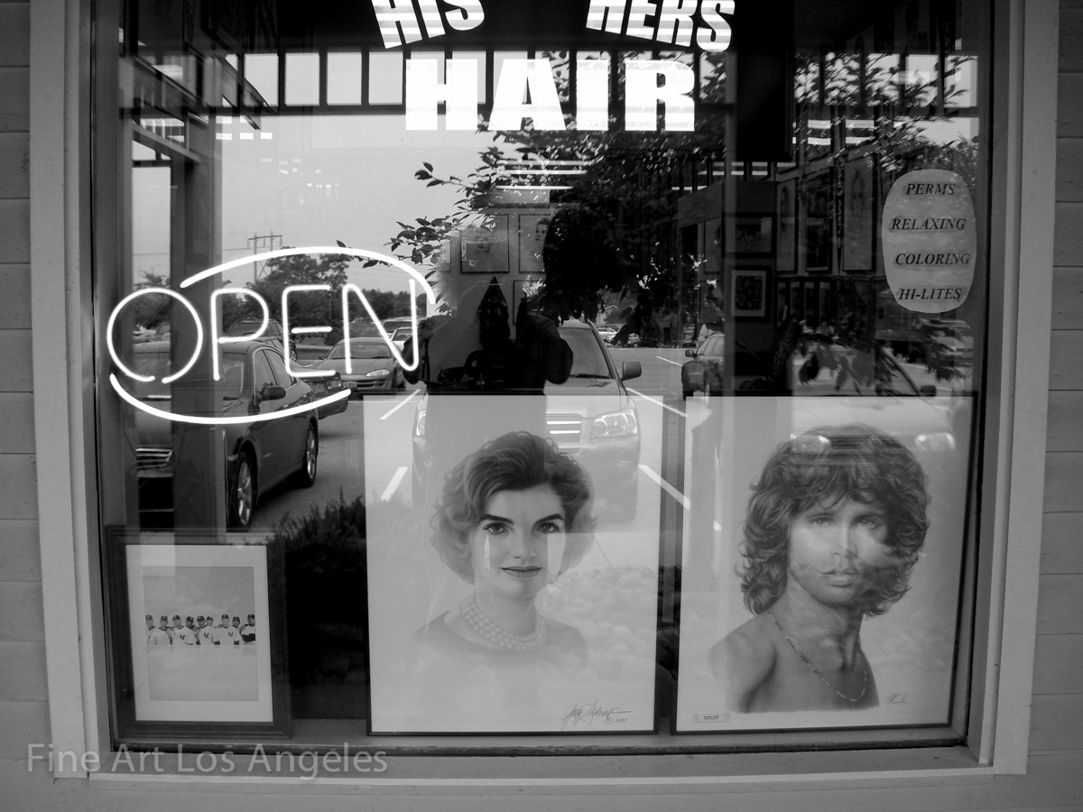 Neal White photo, “His, Hers Hair, Jackie Kennedy, Jim Morrison” 1970s