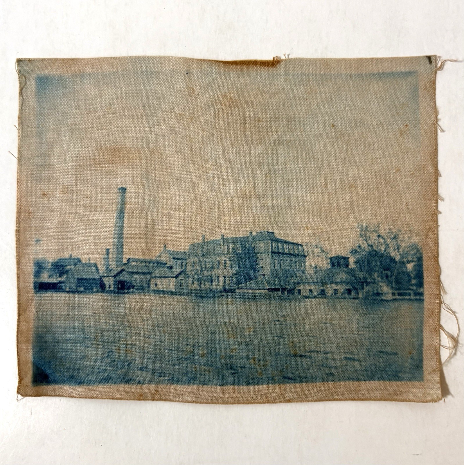 Antique Cyanotype Factory Old Industrial Waterfront Linen Fabric Photograph Blue