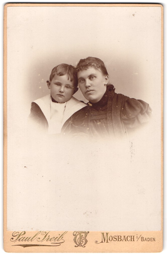 Photograph Paul Treib, Mosbach I. B., portrait mother in Biedermeier dress with i