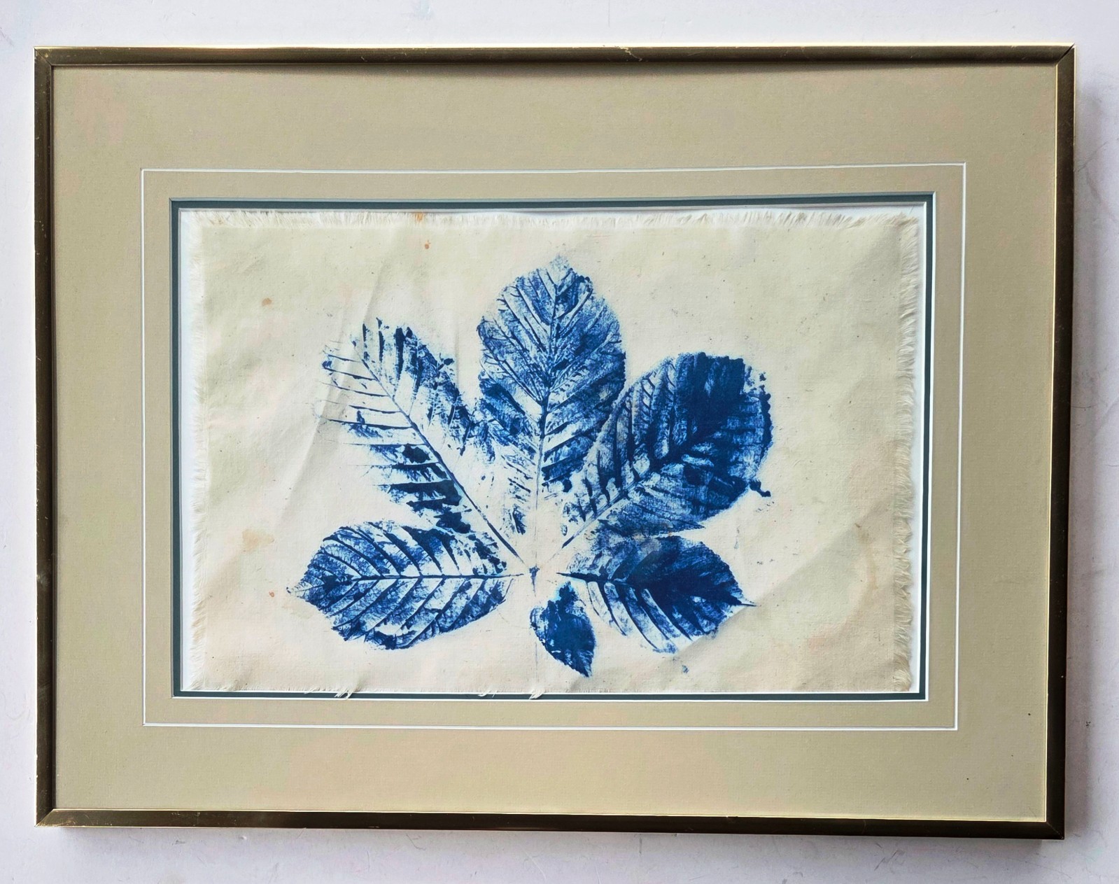 Framed Large-Format Cyanotype Sun Picture on Cloth – Poplar Leaf