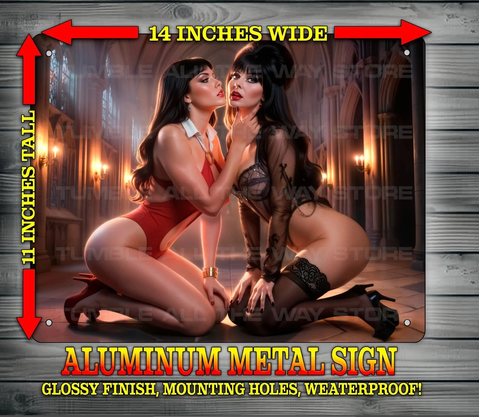 Elvira With Vampirella Hand on Chin Sexy Goth Vixens Metal Sign Art 14″ x 11″