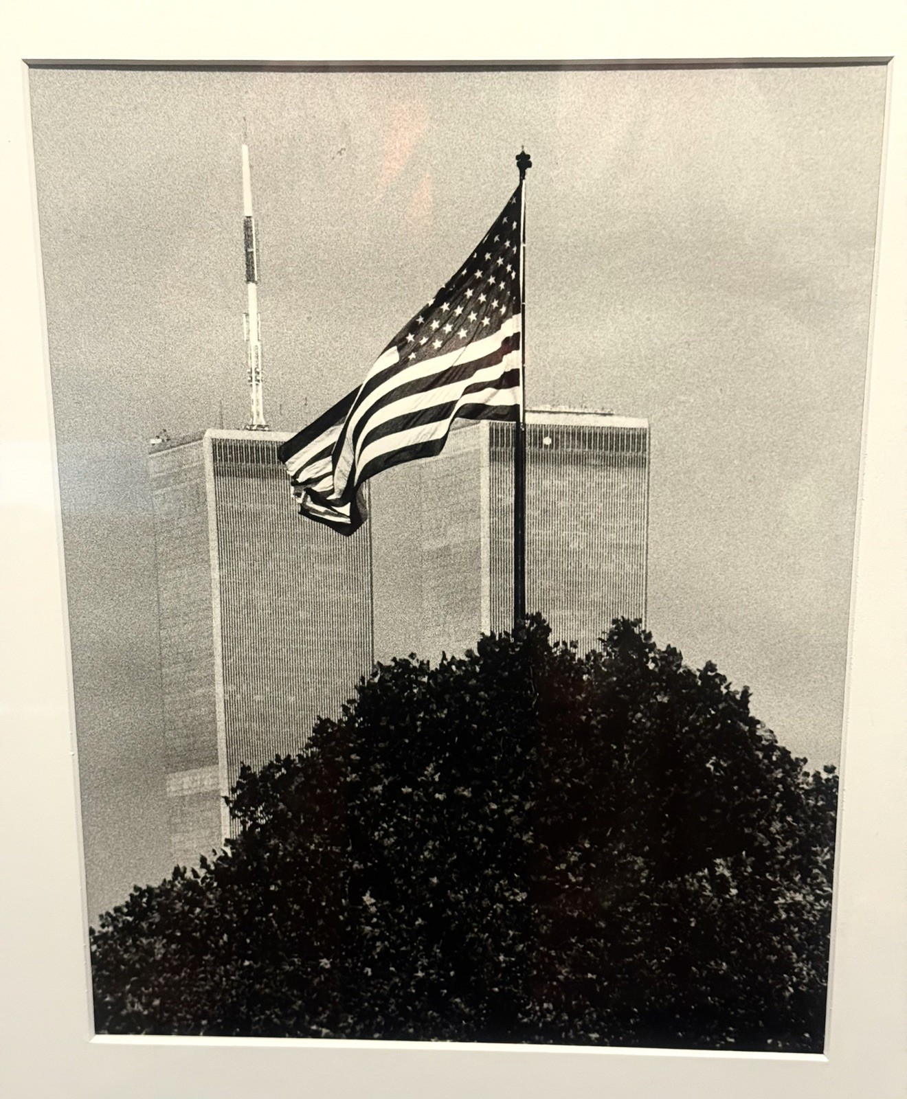 WTC Twin Towers & US Flag NYC Black & White Photo Print Custom Matted & Framed
