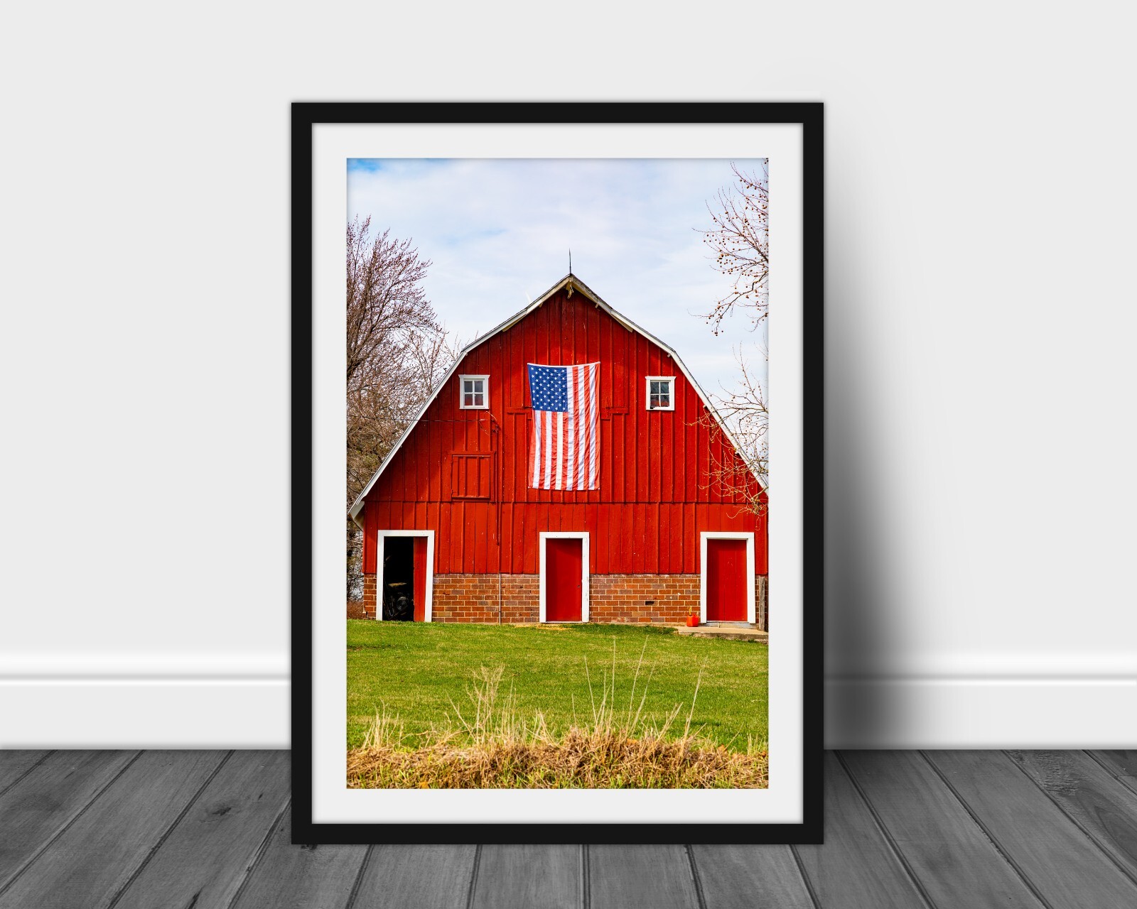 Red barn photography print American flag wall art picture country home decor