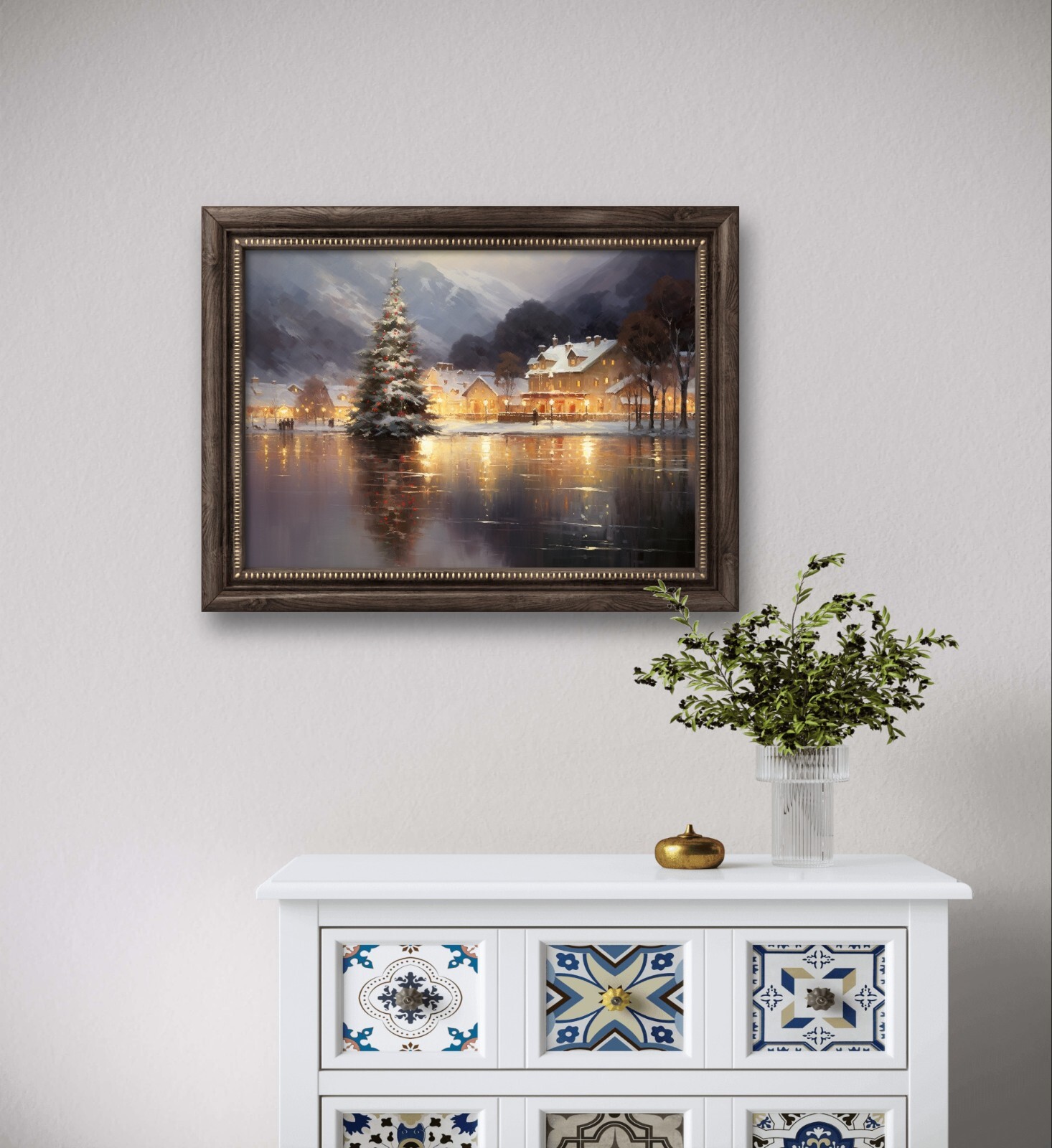 Christmas Image, Oil painting Style, Digital Download, Winter Town