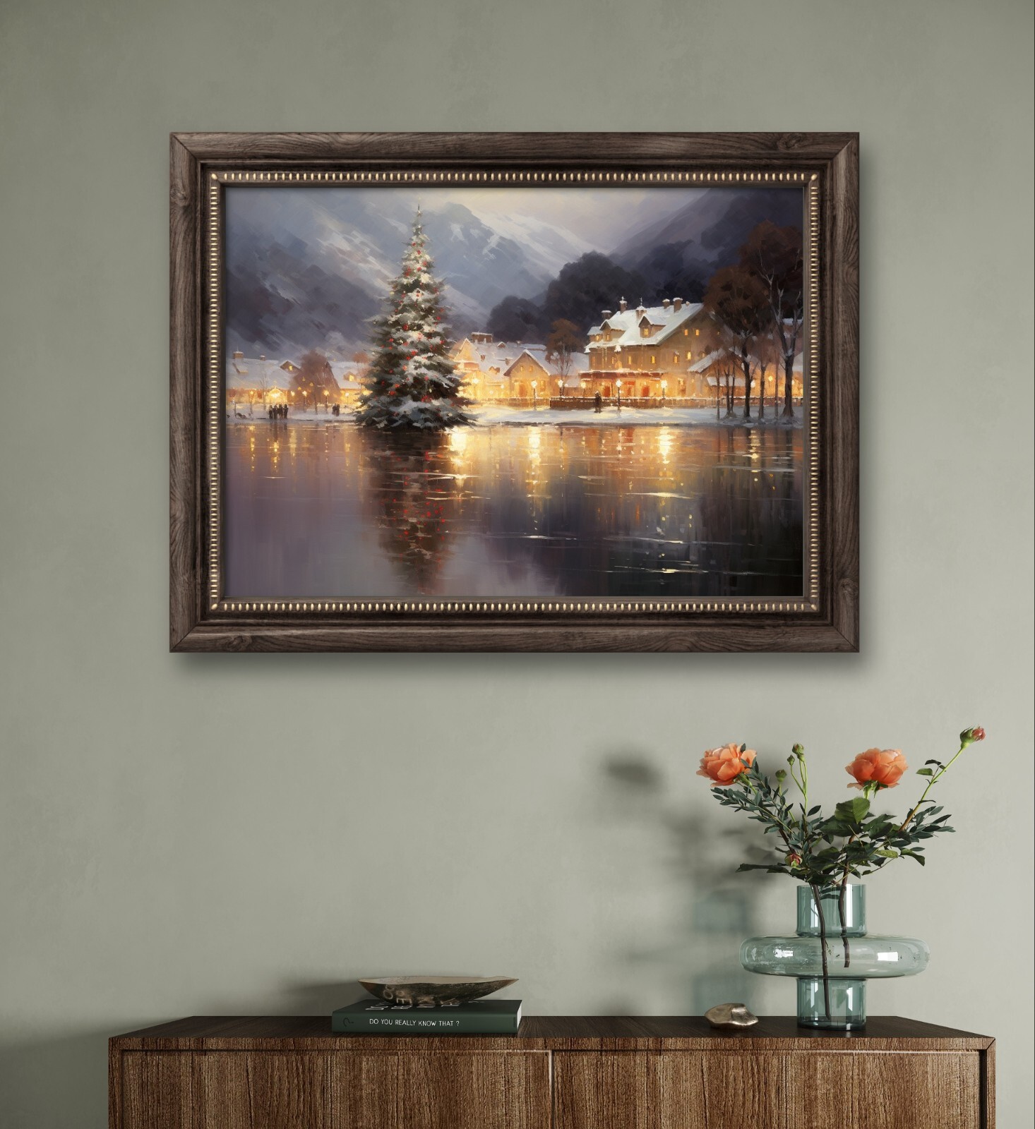 Christmas Image, Oil painting Style, Digital Download, Winter Town