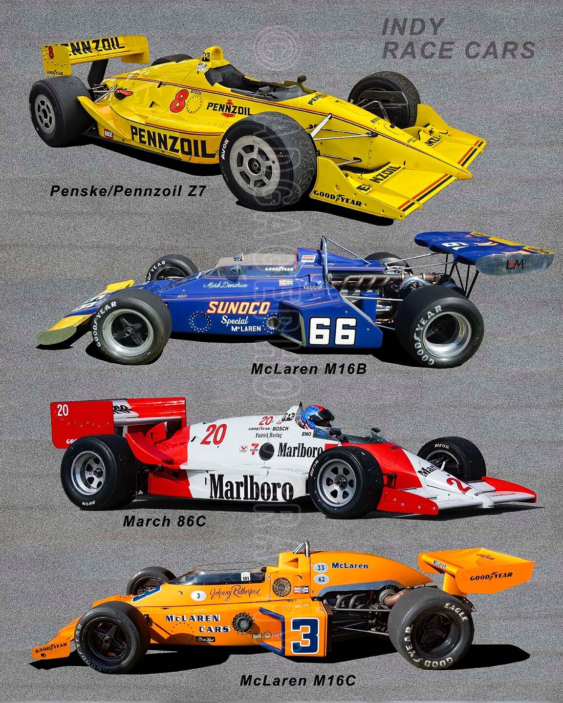 Penske Z7, McLaren M16B, March 86C, McLaren M16C Indy Race Car Photo CA2766