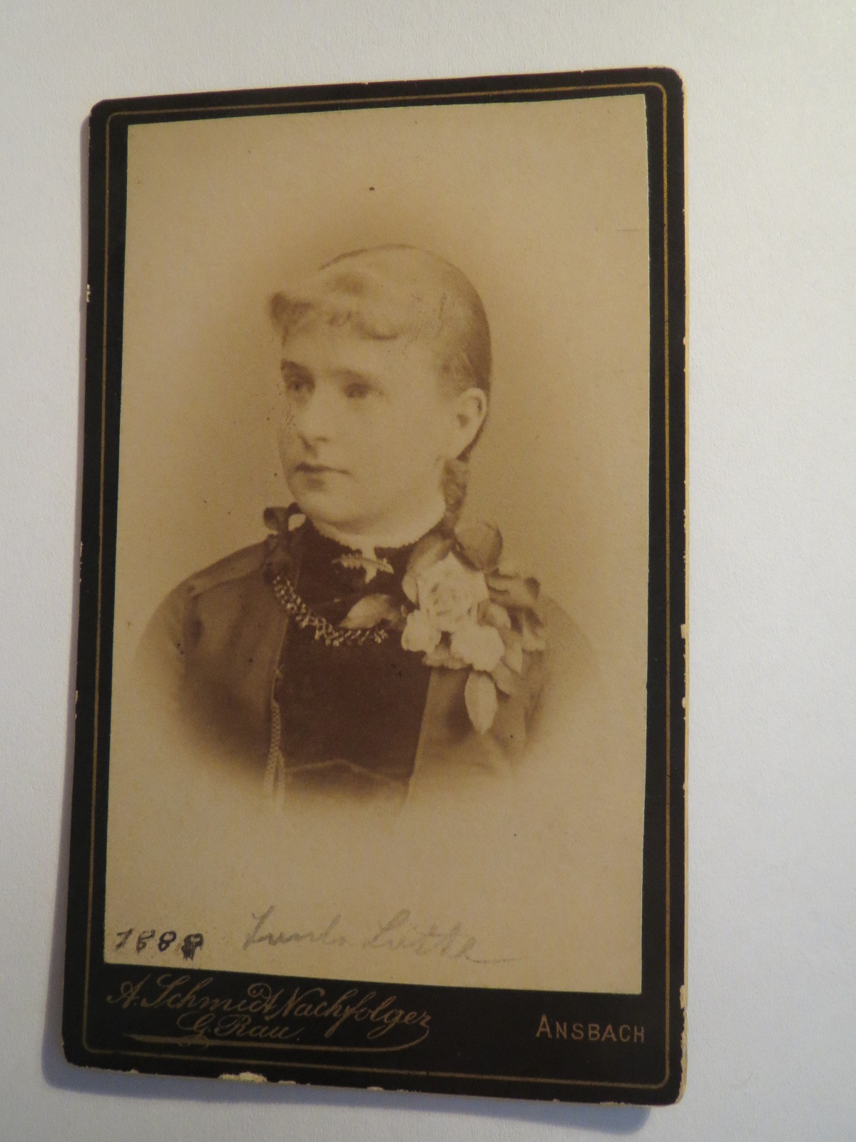 Ansbach – 1888 – Young Woman Lotte – Girl in Dress with Flowers – Jewelry / CDV