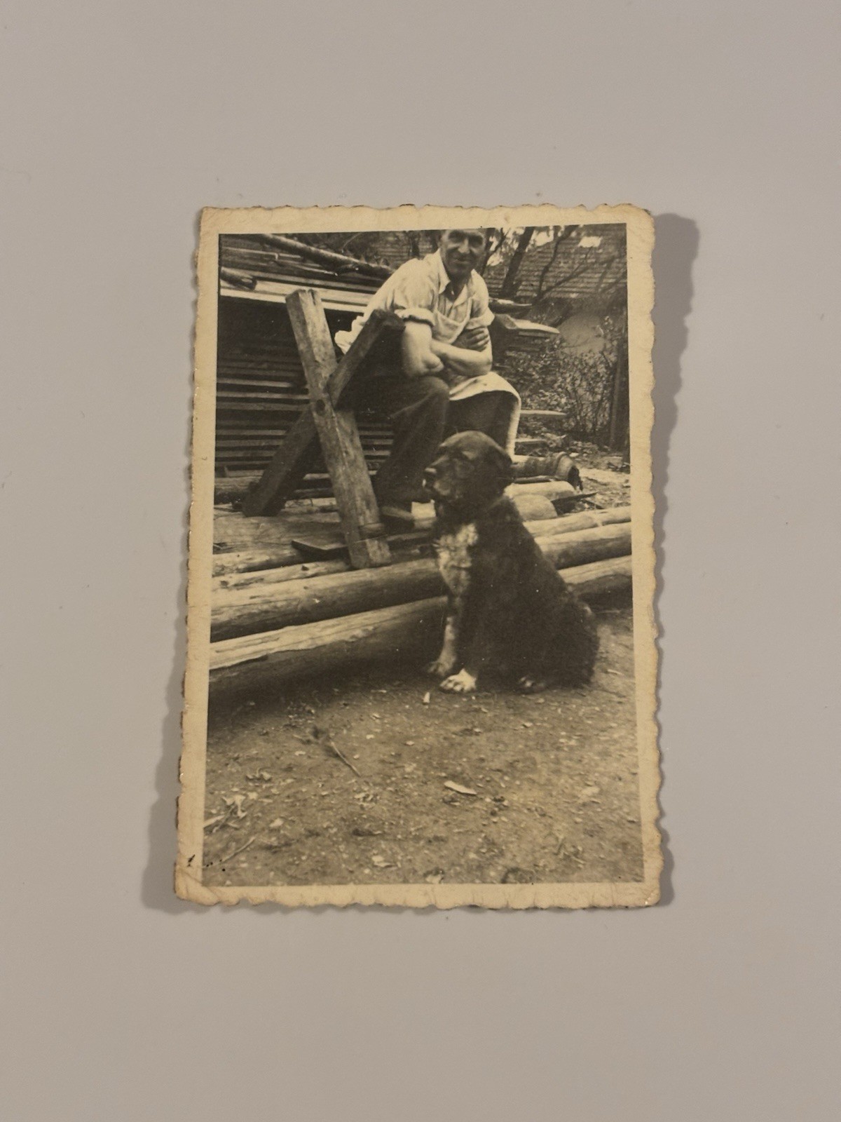 🐕 Man with Dog in Wooden Square 1940s Original Photo 6×9