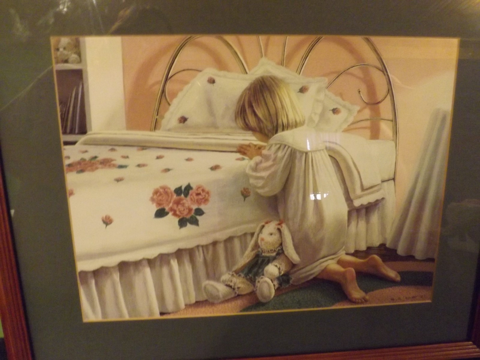 Pink & white framed print girl praying kneeling bed with roses & bunny MG Smith