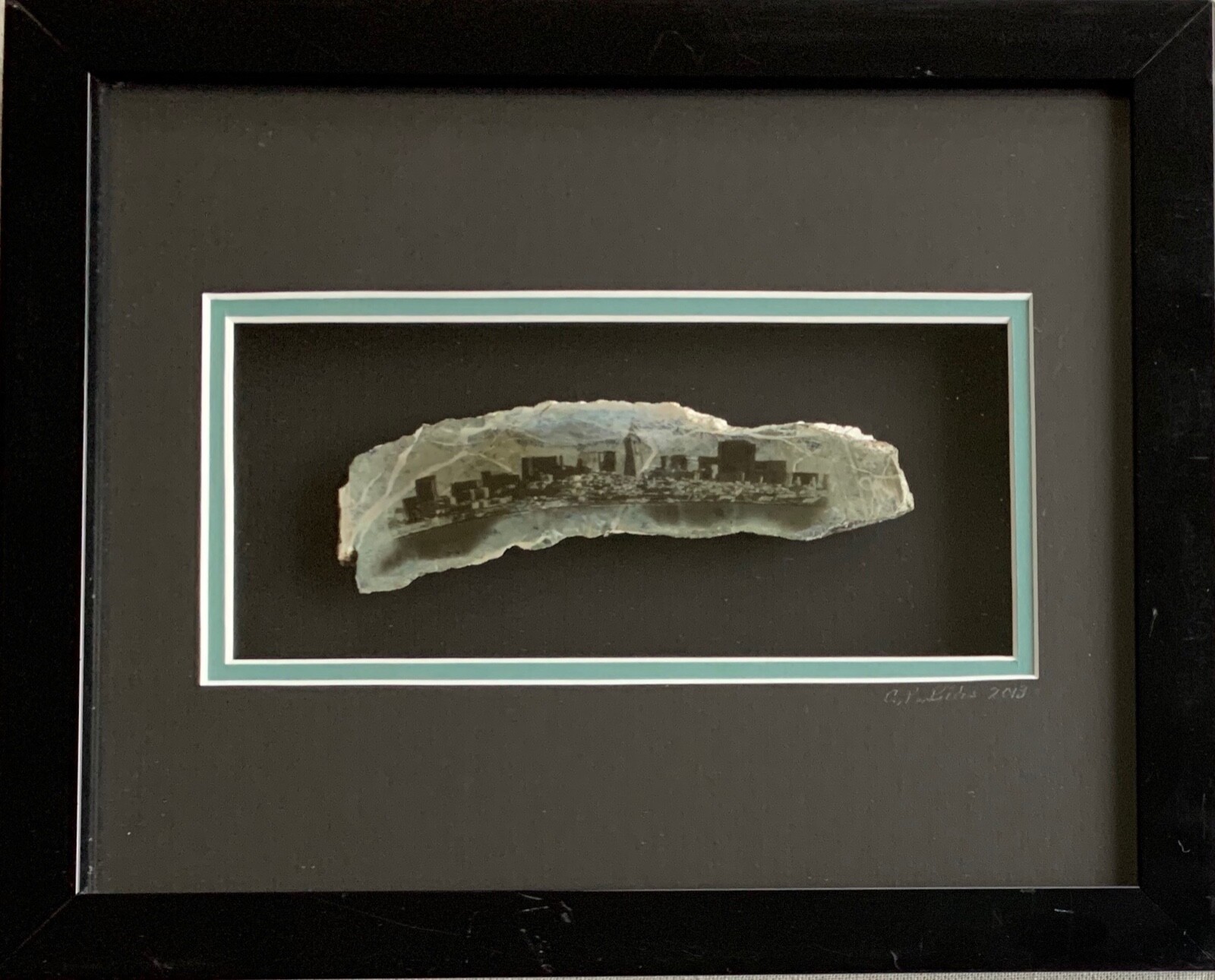 Cynthia Biles – San Francisco Skyline on sliced rock, matted and framed 2013