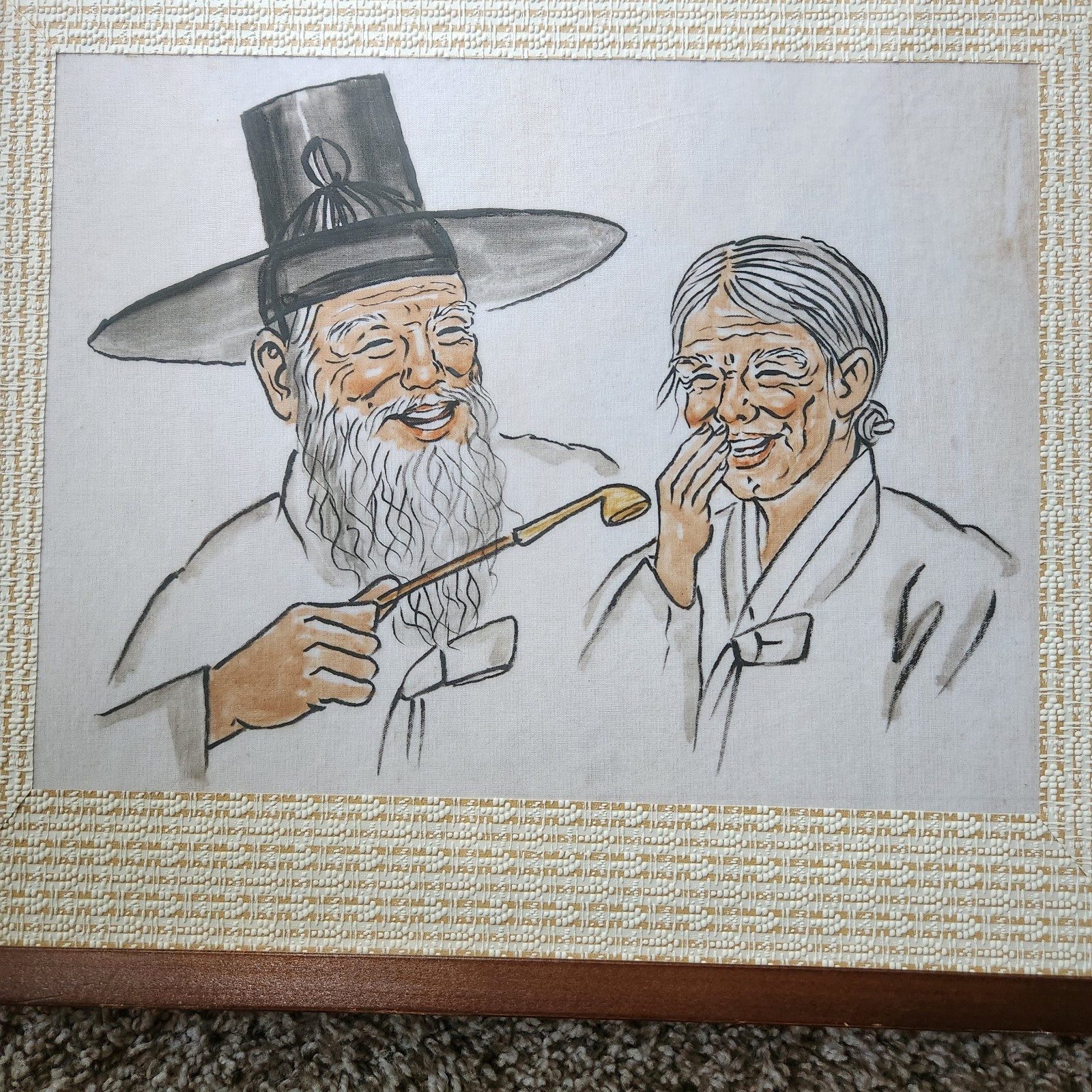 Framed Art Sketch Korean Couple Vintage 1985 South Korea Solid Wood Frame