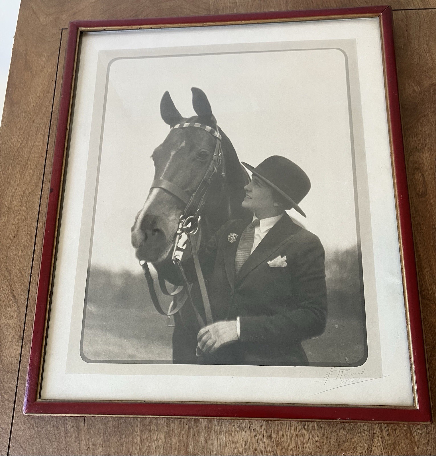 vintage LF Redman Detroit photograph large framed Horse Rider woman hat gloves