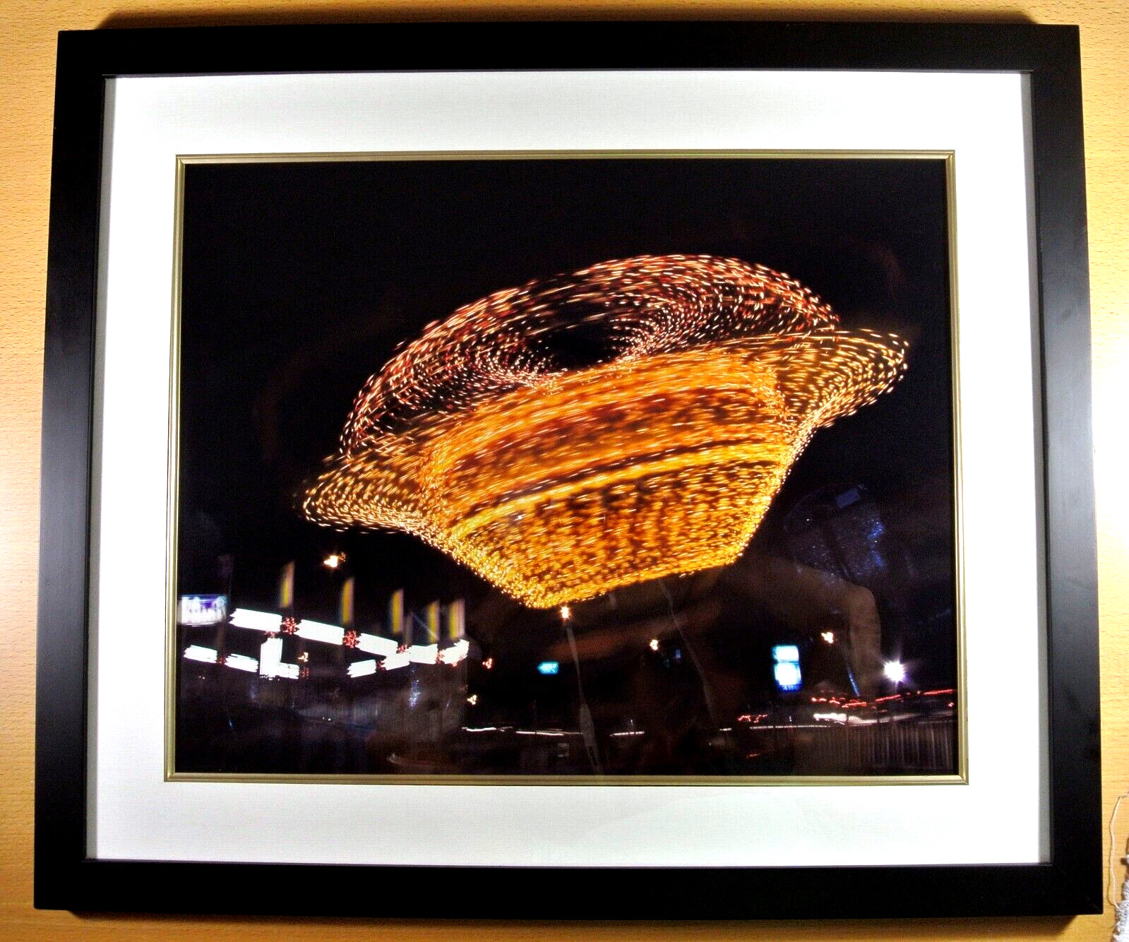 Art Print Photo Night Photography Custom Glass Frame Mat Carnival Ride 26″ x 22″
