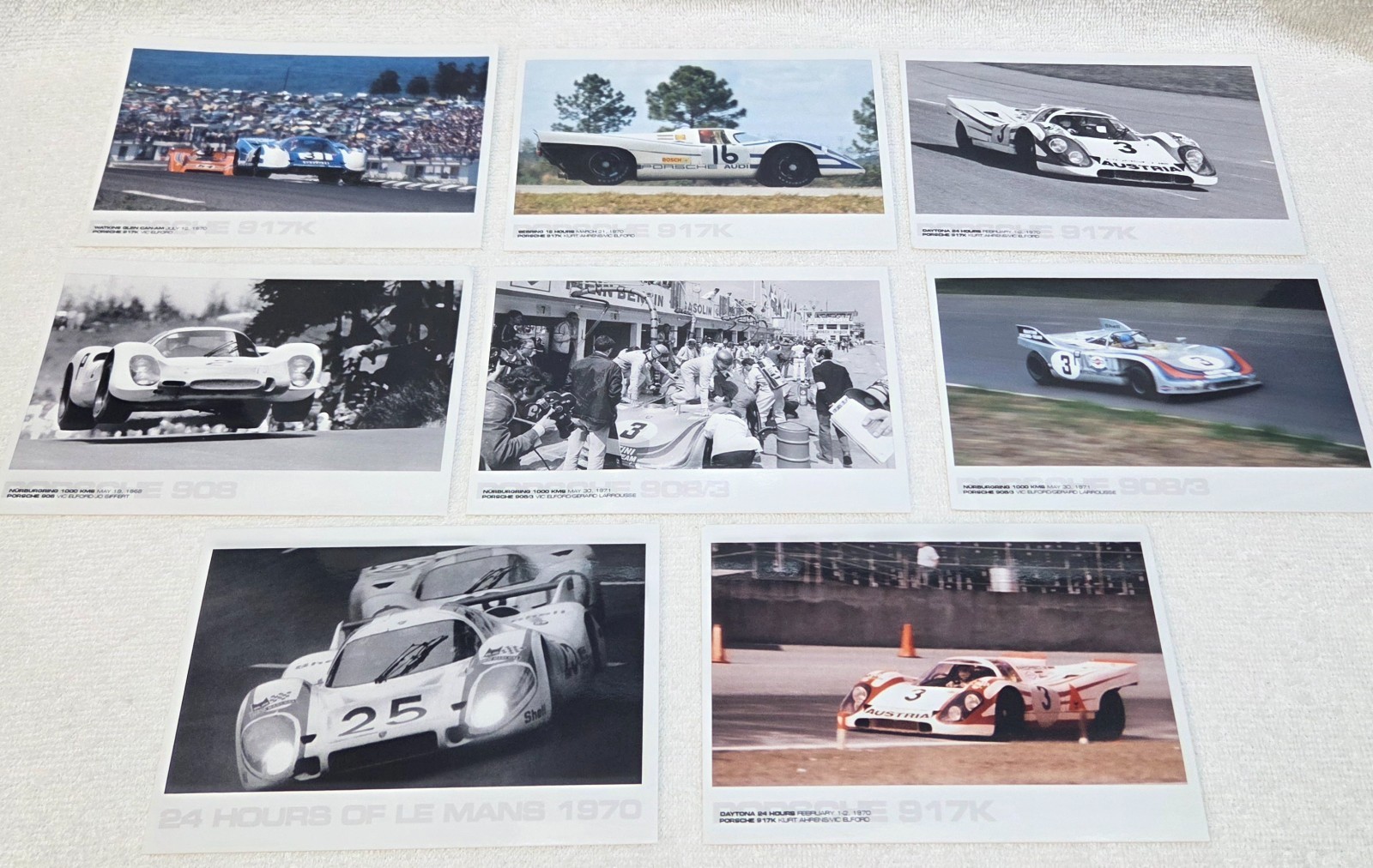 Eight 4 x 6 in Porsche-racing photos of Vic Elford, Gerard Larrousse, K. Ahrens