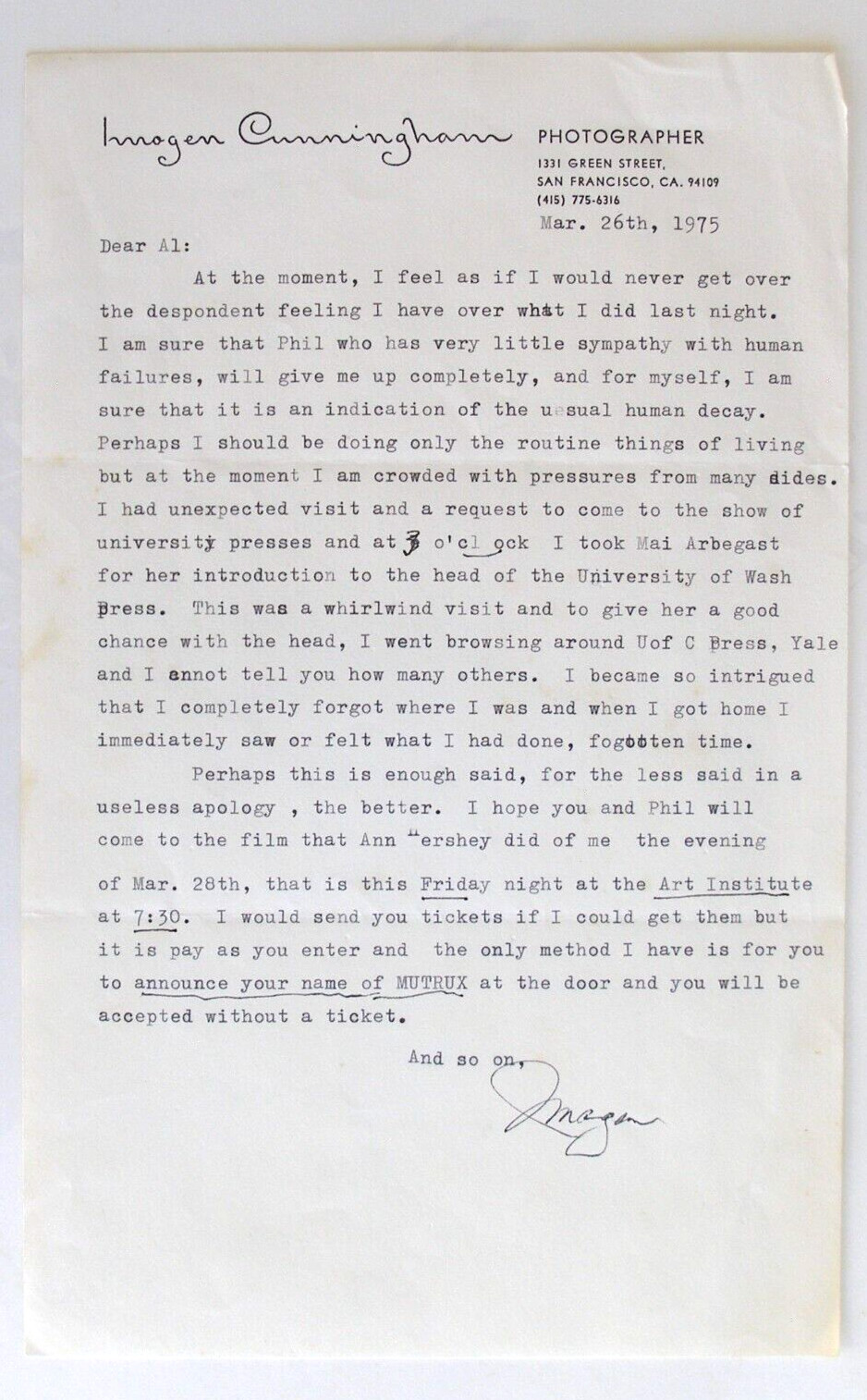 Typed Letter: March 26, 1975 by Photographer Imogen Cunningham on her Stationery
