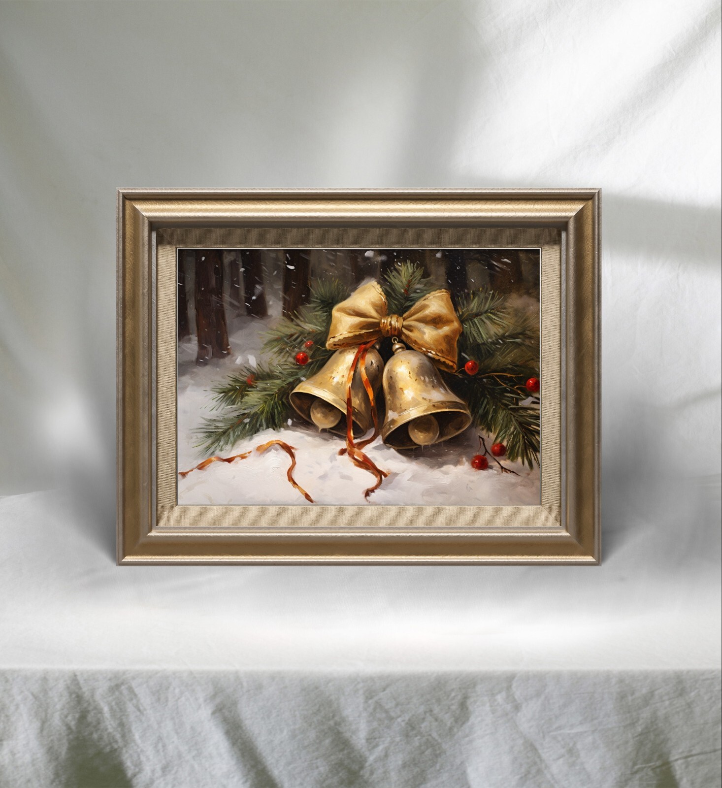 Vintage Christmas Bell Digital Download Print, Printable Christmas Oil Painting