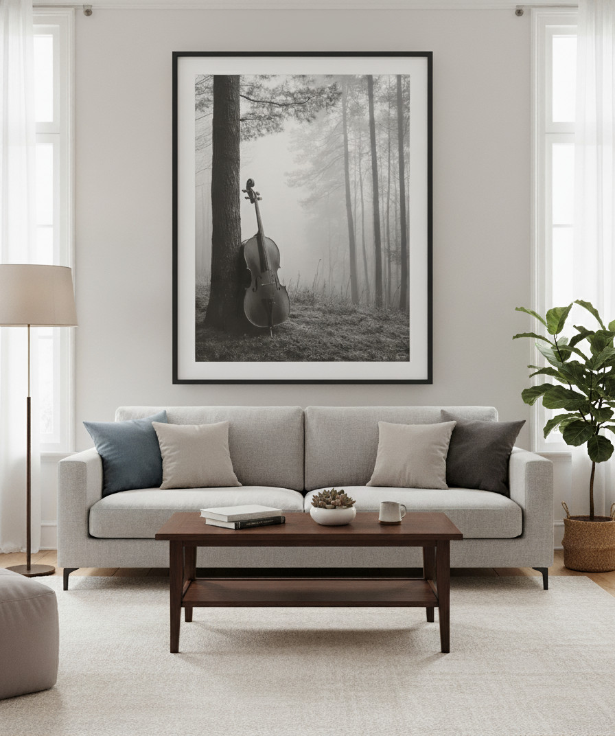 Black & White AI Art Cello in Forest -Digital Image Wallpaper Background Desktop
