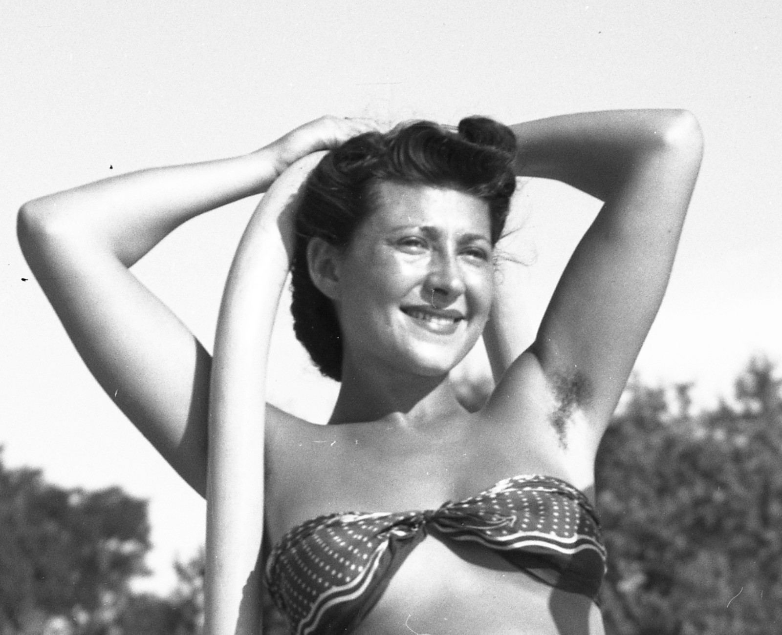 pretty woman smiling in swimsuit, strand, Budapest, by Szendrő (Szendro), origin