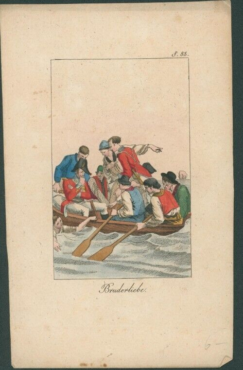Antique Mid-19thC Color Engraving Bruderliebe Genre Art Romantic Print Decor
