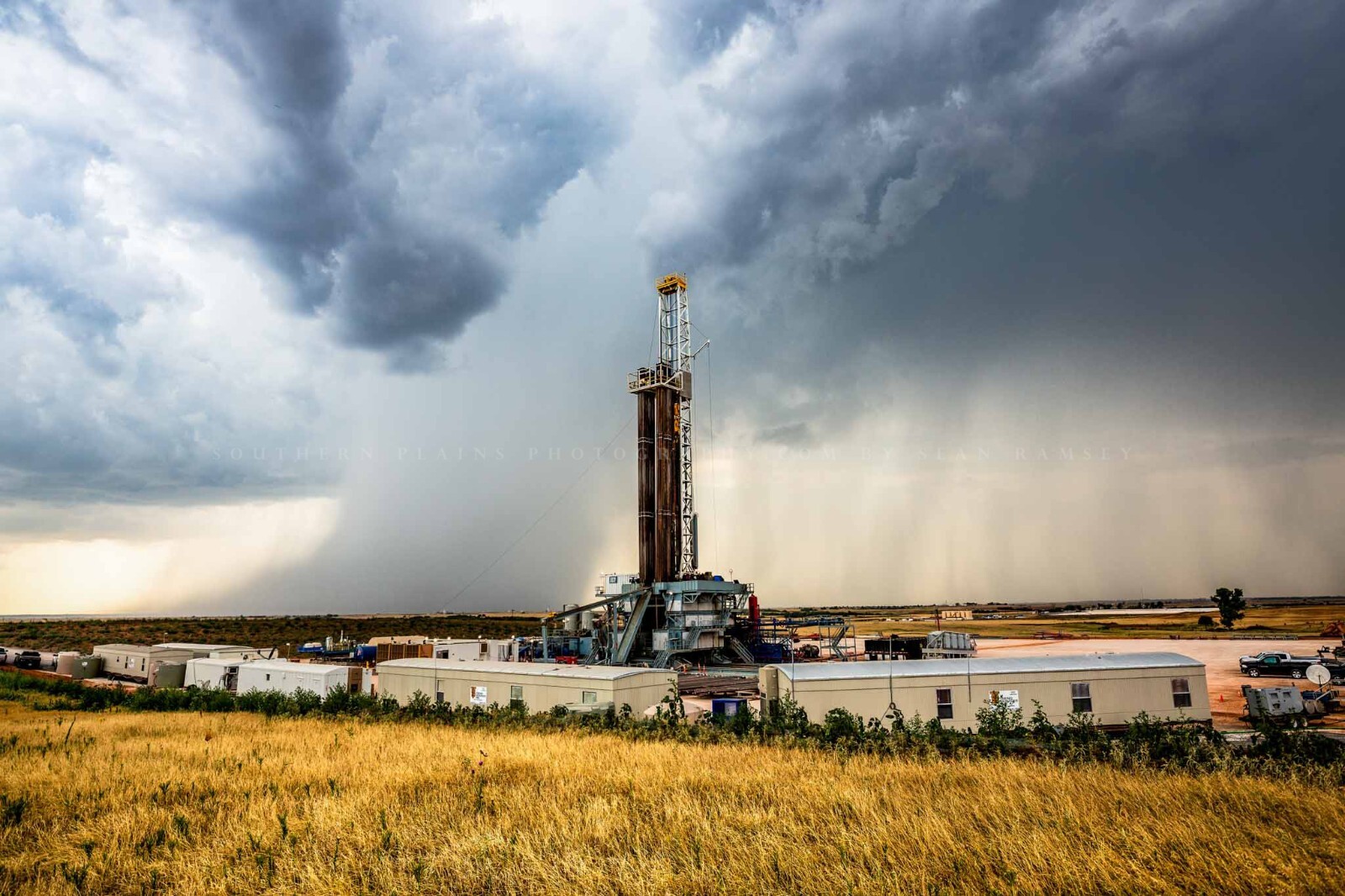 Drilling Rig and Storm on Summer Day in Oklahoma Photo Print (Unframed)