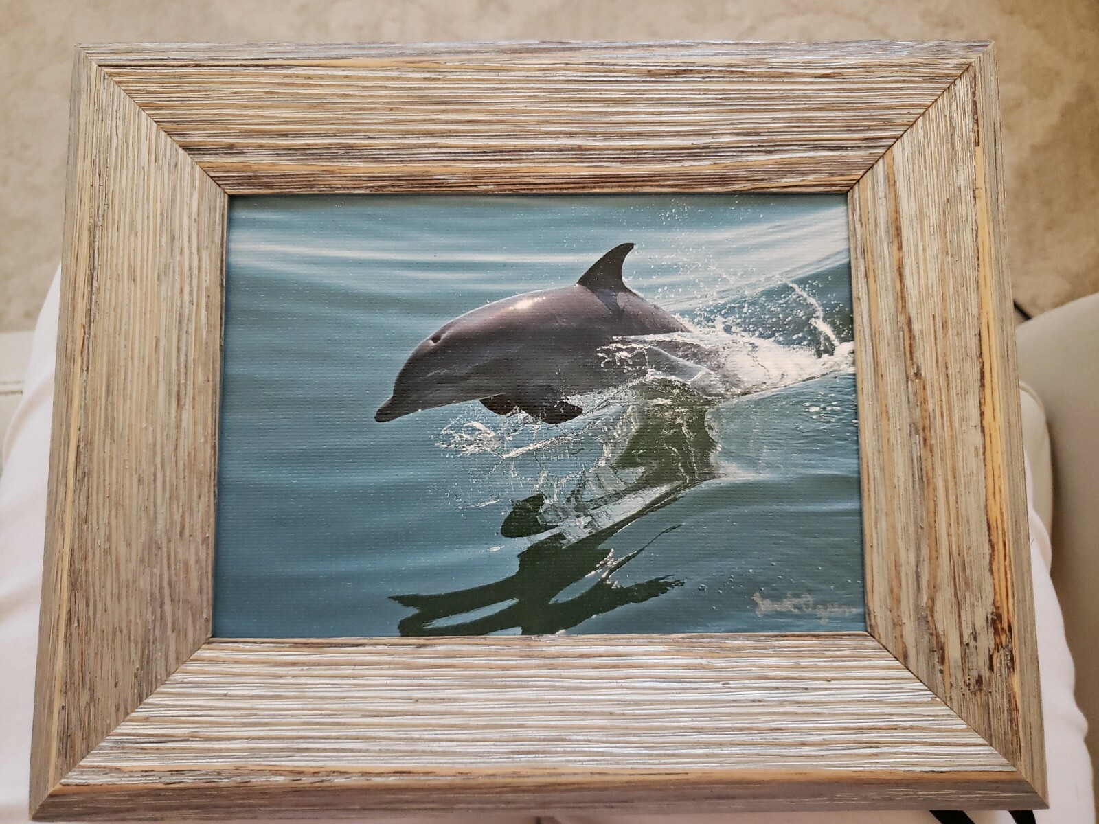 Janet OGREN signed Photography? dolphin ocean, 7×5″, wood frame 10×8 “, as is