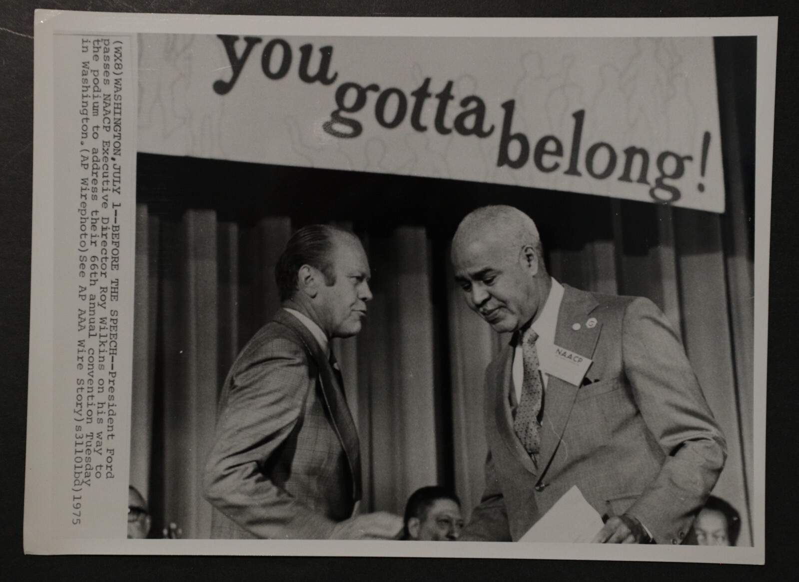 President Ford and NAACP Roy Wilkins Press Photograph 9×7, b/w 1975