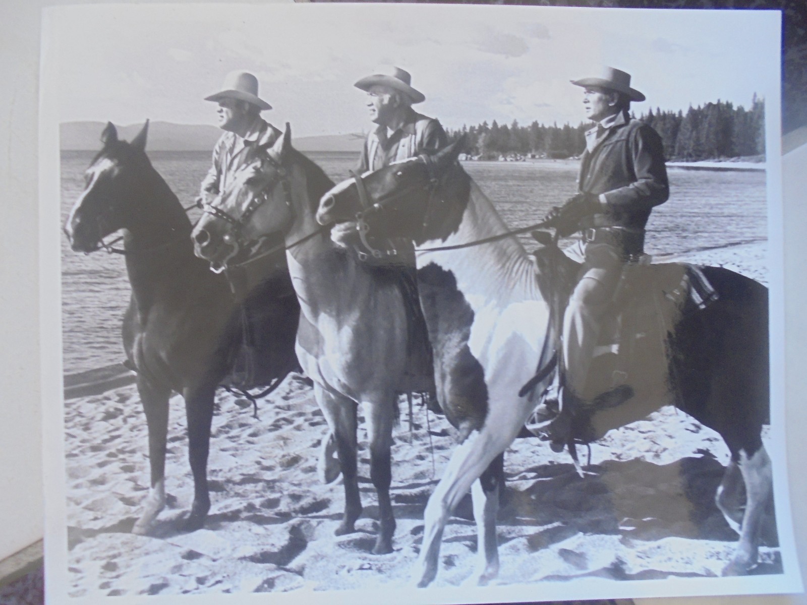 Excellent B/W Bonanza Photo Dan Blocker, Lorne Greene and Mike Landon on Lake Shore!