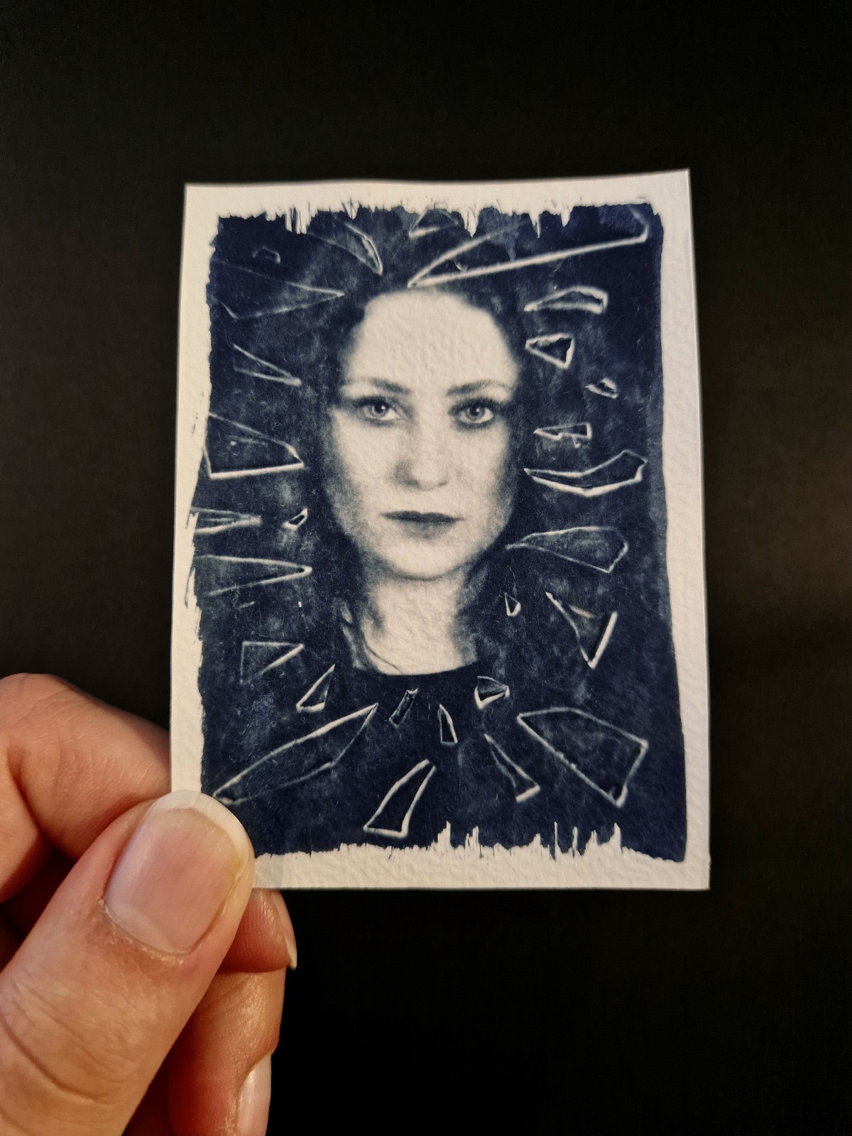 ACEO original – handmade cyanotype, photography, portrait, broken glass, 1/3