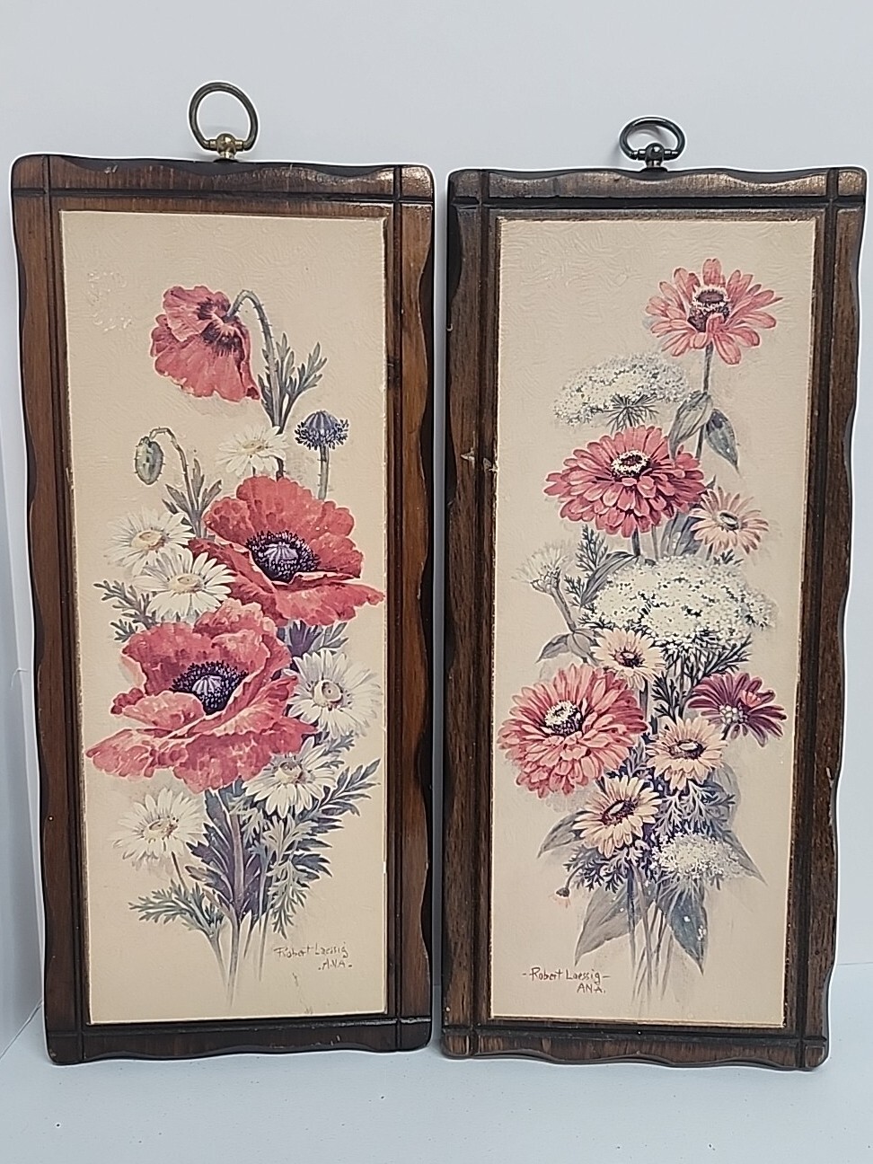 Vtg 1970s Floral Framed Wood Art Robert Laessig AVA Set 9″x18.”