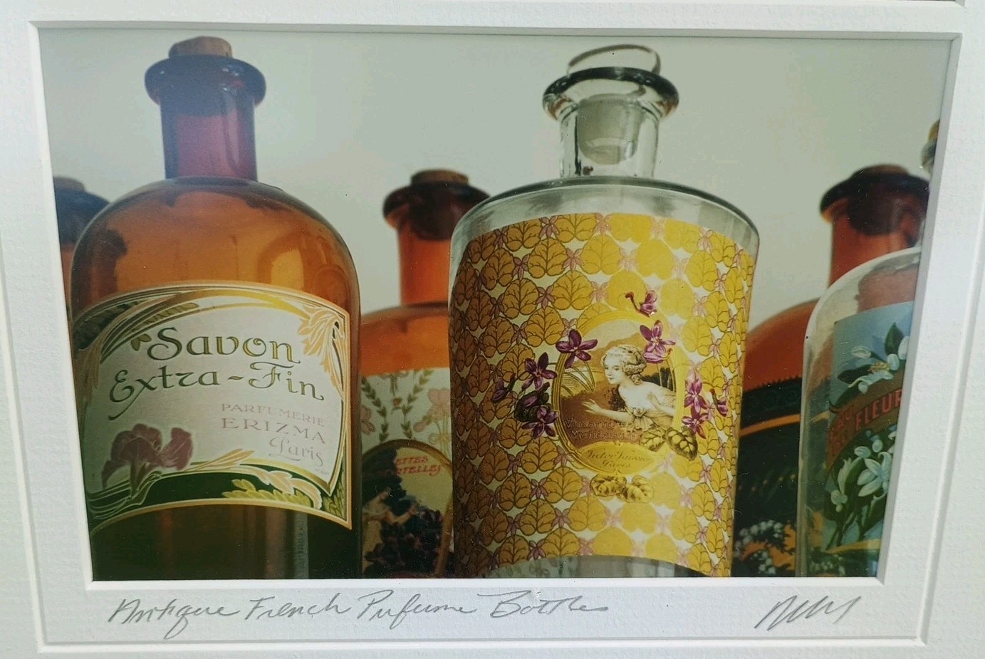 MADELINE GRAY Signed 2 Photographs Perfume bottles Matted Silver Framed 13×10.5″