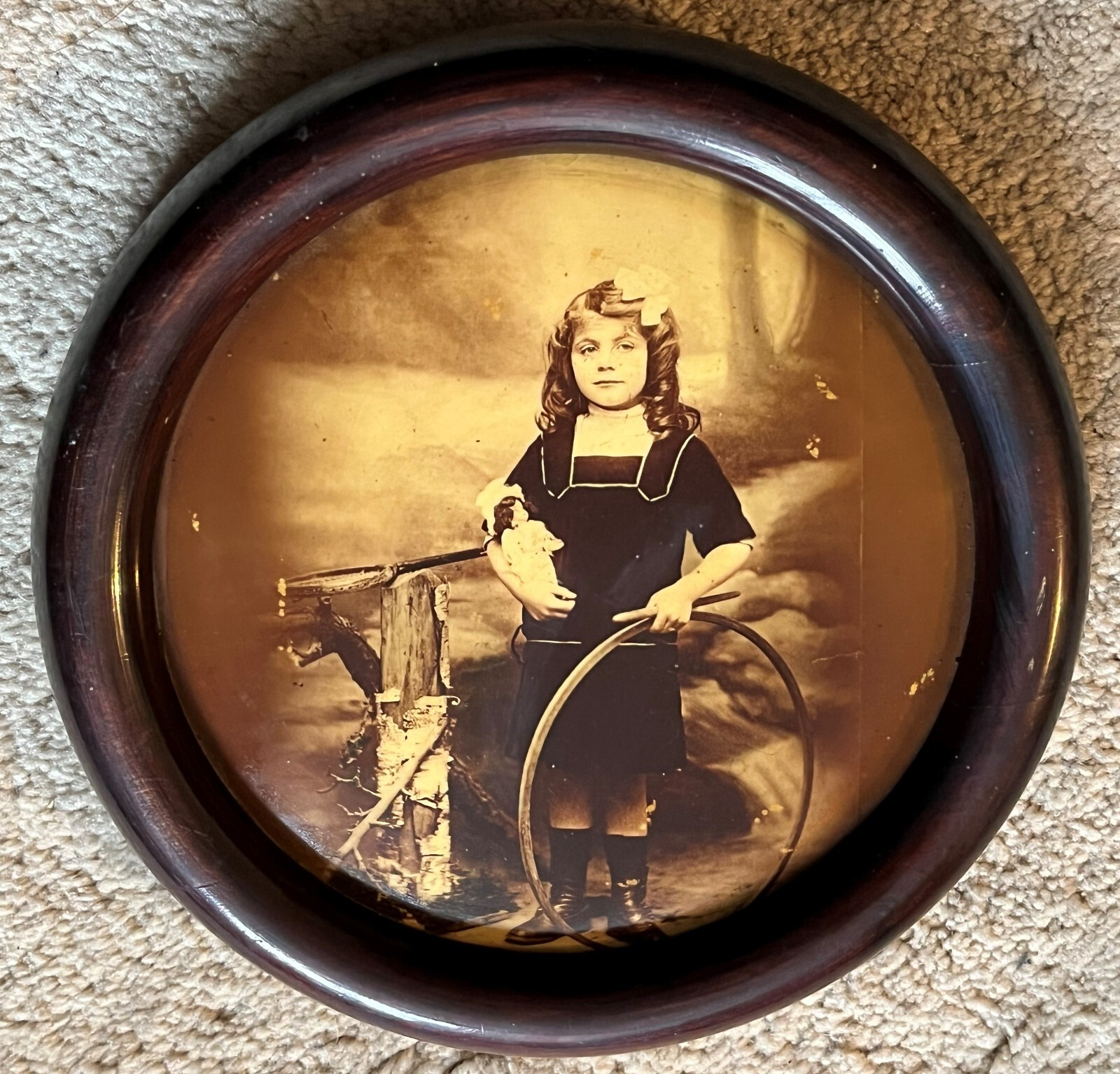 Circa 1900 Celluloid Photo Metal Locket Girl with Doll + Hoop Photo Columbia