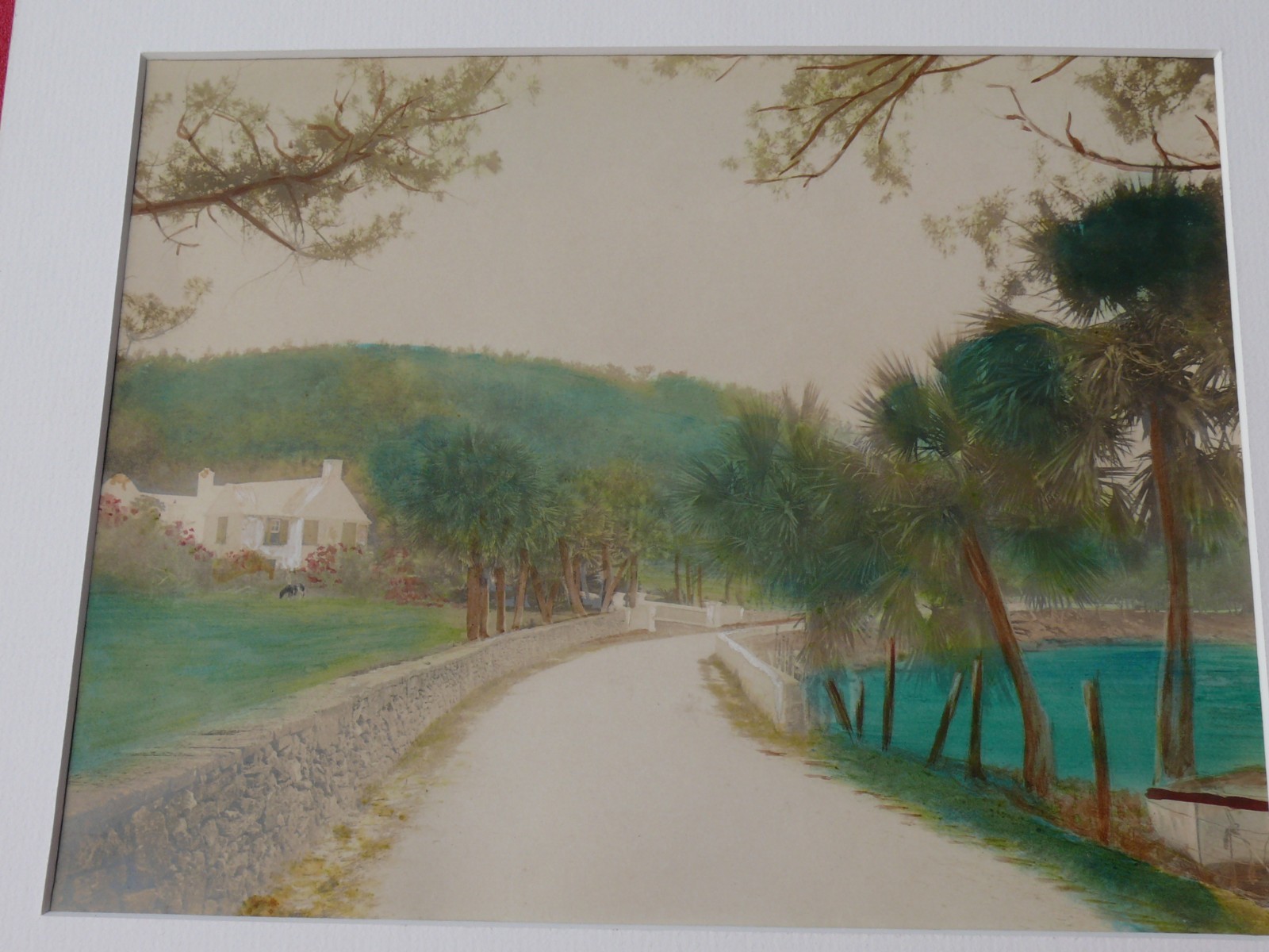 Vintage Pre WW2 Hand Colored Photograph BERMUDA ISLAND COUNTRY ROAD M.A. TROTT