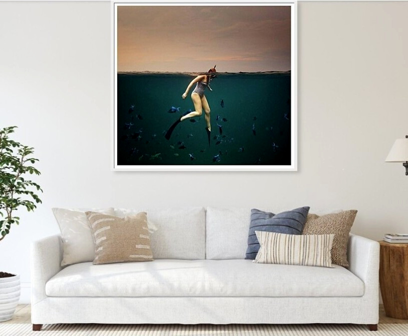 Large Framed Fine Art Photography – Girl Snorkeling in the Indian Ocean – Fish