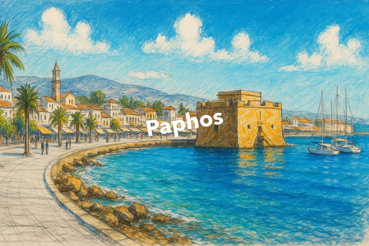 Paphos Panorama Acrylic Painting with Pencil (AI GENERATED IMAGE)
