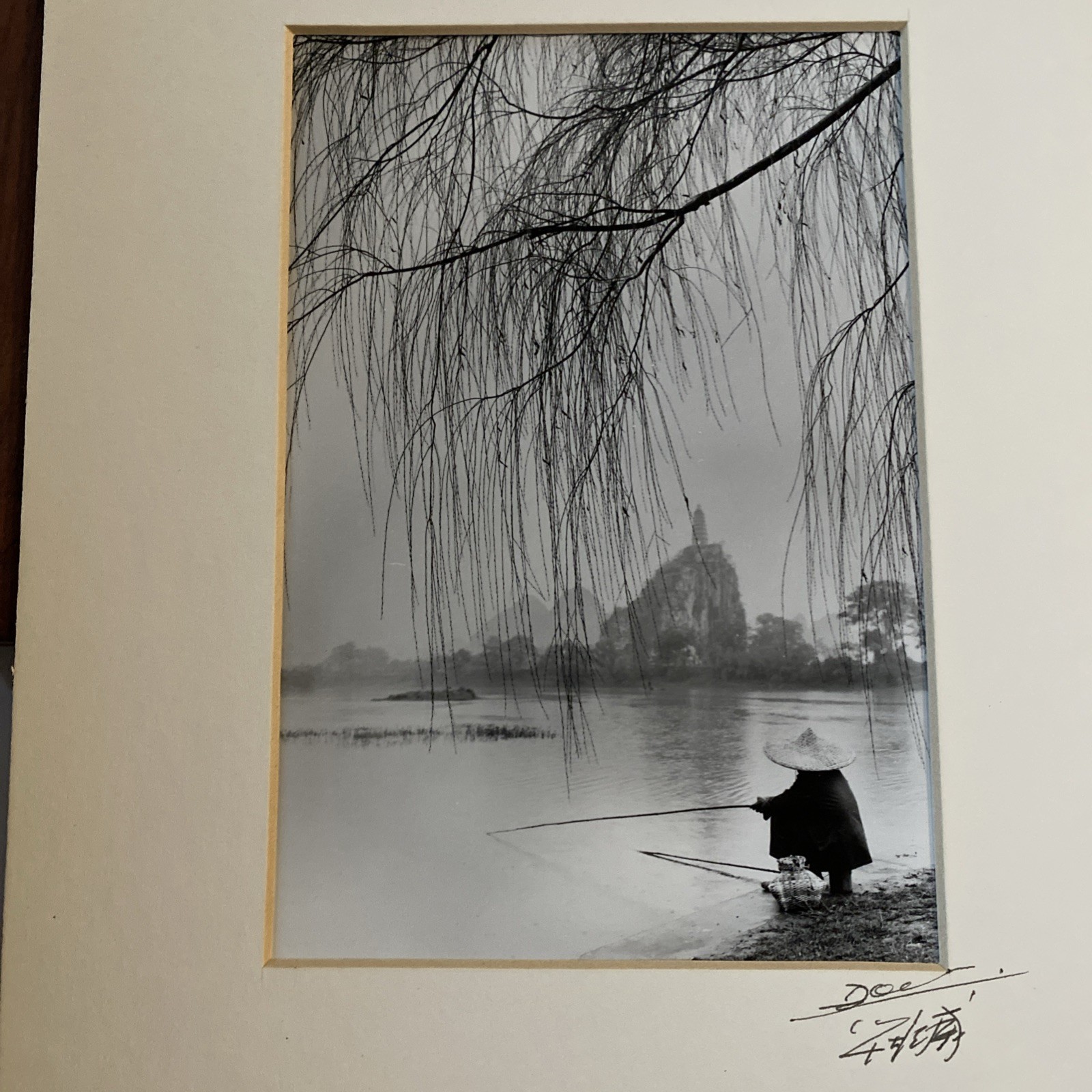 Don Hong Oai Signed Vintage Photograph Man Fishing Asian Landscape Art 1984