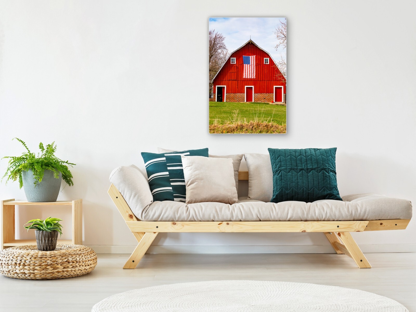 Red barn photography print American flag wall art picture country home decor