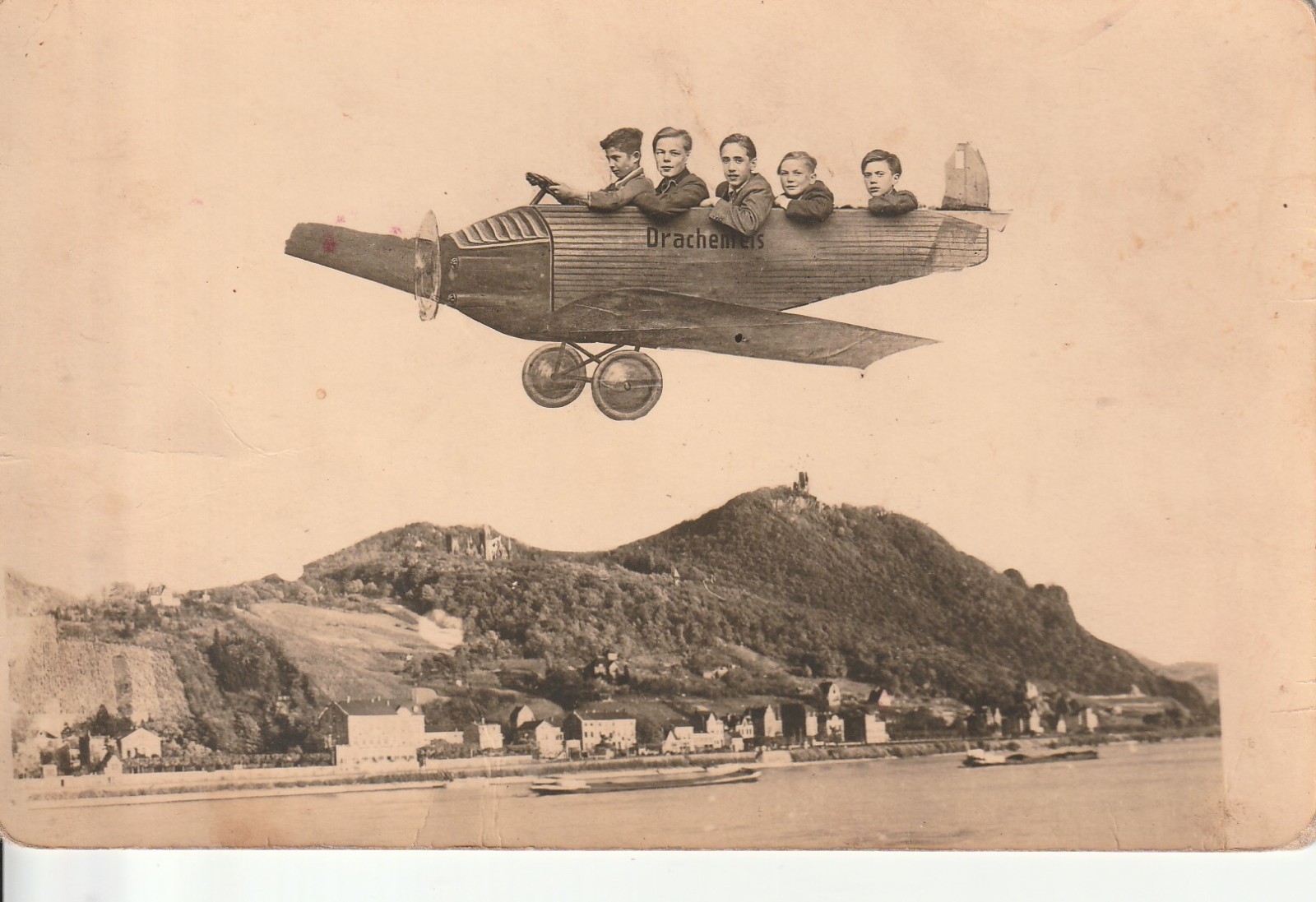 Photo postcard men in plane Drachenfels Königswinter photo montage 1930s