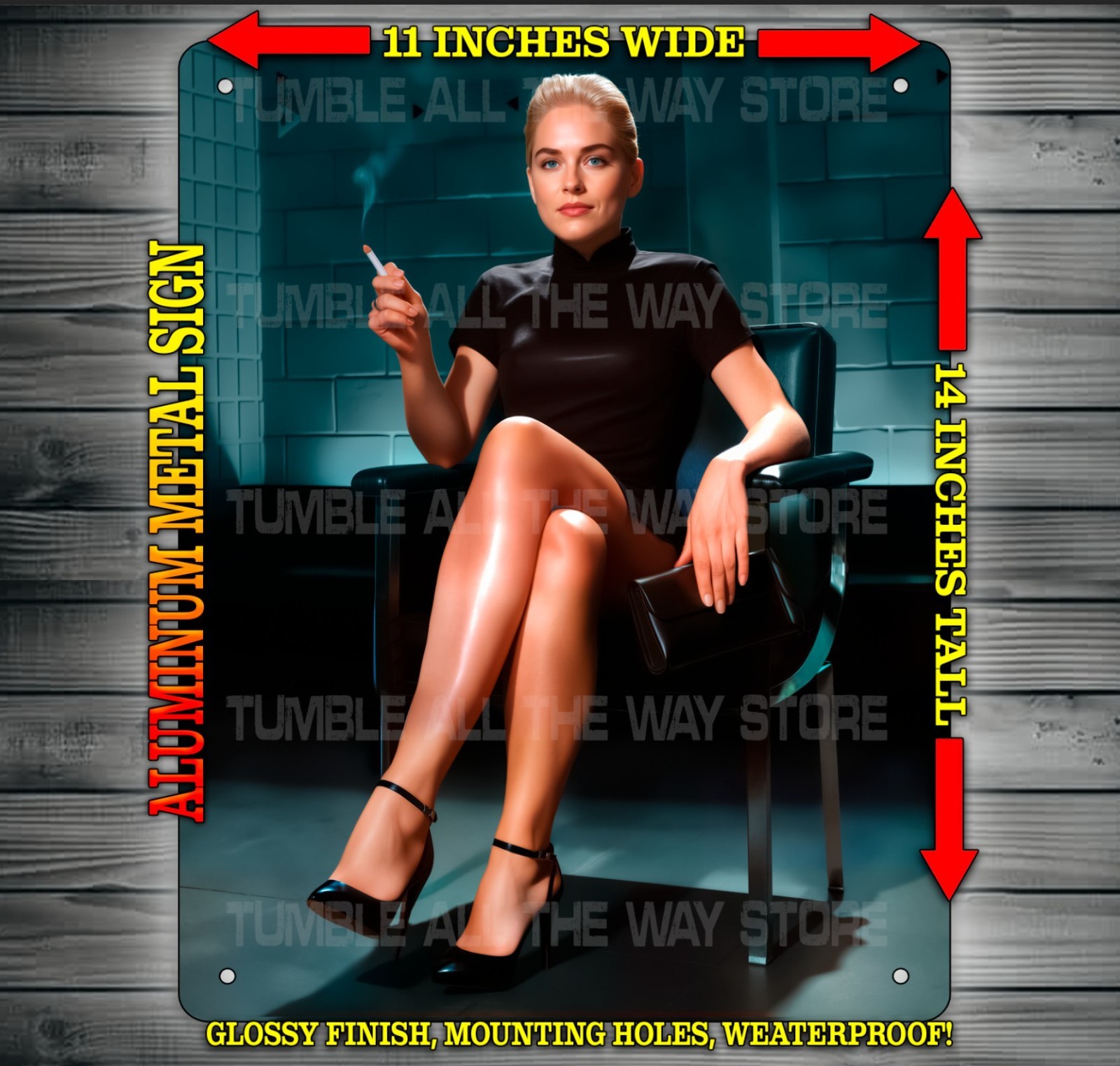 Sexy Sharon Cosplay Basic Instinct in Black Dress Metal Sign Wall Art 14″ x 11″