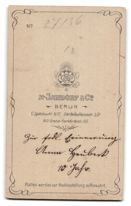 Photograph A. Jandorf & Co., Berlin-C, Spittelmarkt 16-17, portrait young girl
