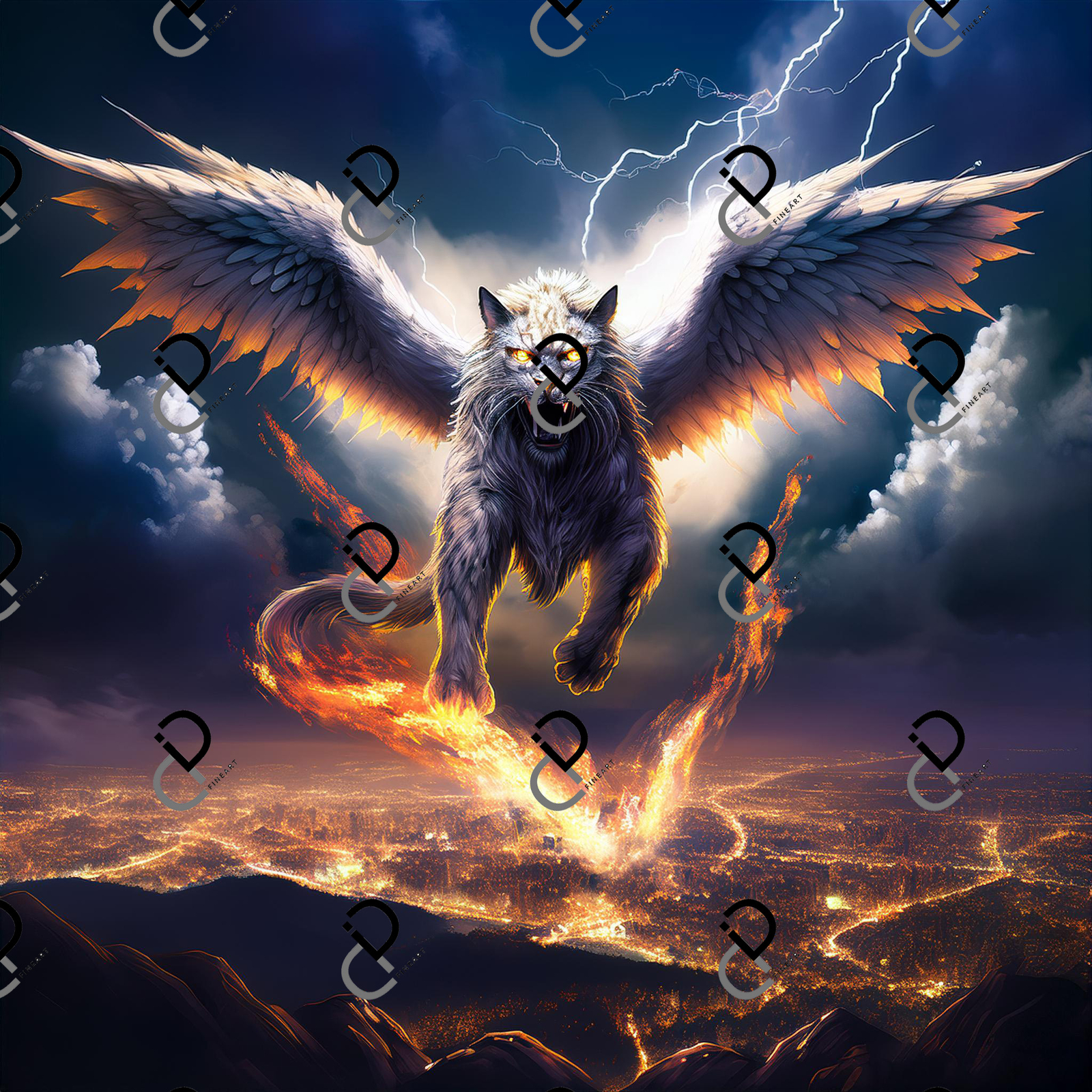 Big Cat Winged Demon Digital Image – Epic Battle Scene Over City AI Art Photo