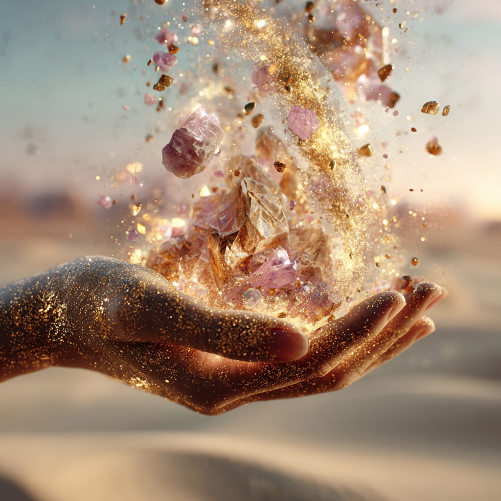 Golden Energy Hand – Magical Crystal Burst Digital Wallpaper, Mystical Fantasy